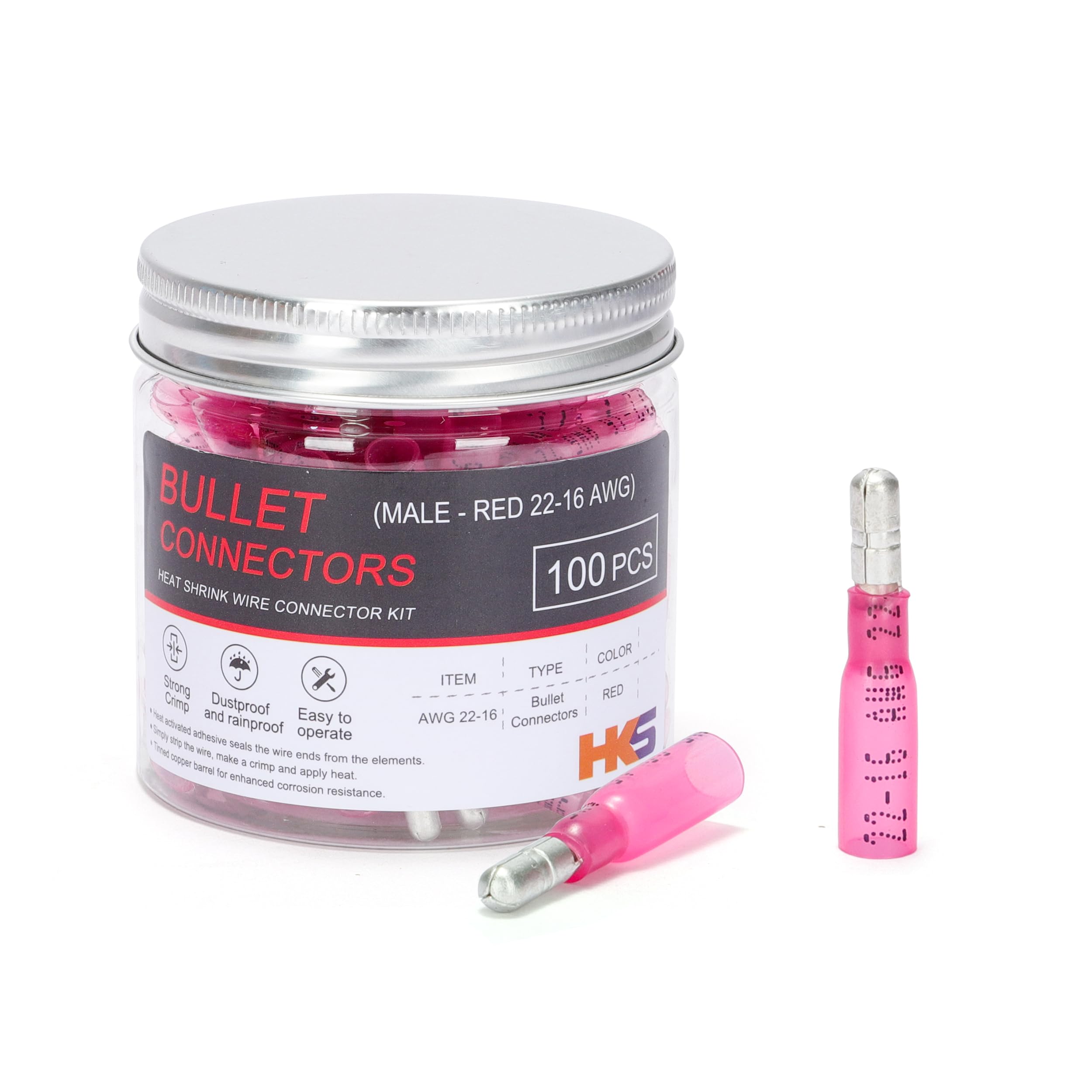 Hks 100 Pcs Heat Shrink Male Bullet Connector - Red 22-16 Awg - Electrical Wire Connectors Kit - Tinned Copper - Automotive Mari