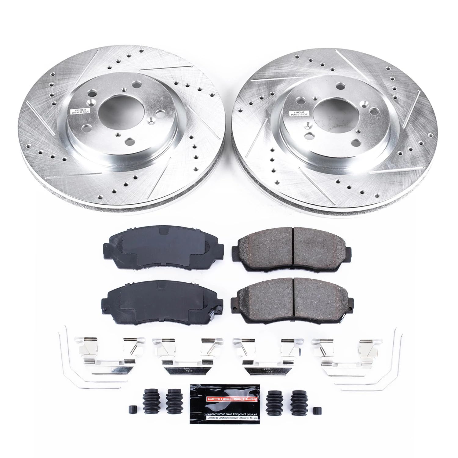 Power Stop K5857 Front Z23 Carbon Fiber Brake Pads With Drilled And Slotted Brake Rotors Kit For 2011 2012 2013 2014 Honda Odyss