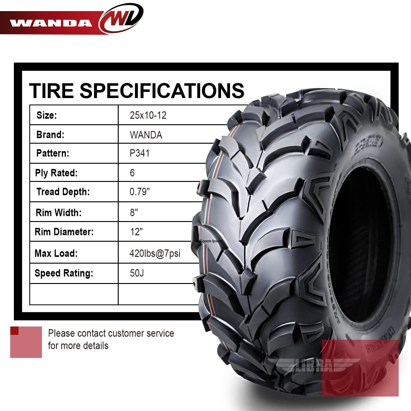 Wanda Set Of 4 New Atv/Utv Tires 25X10-12 /6Pr P341-10159