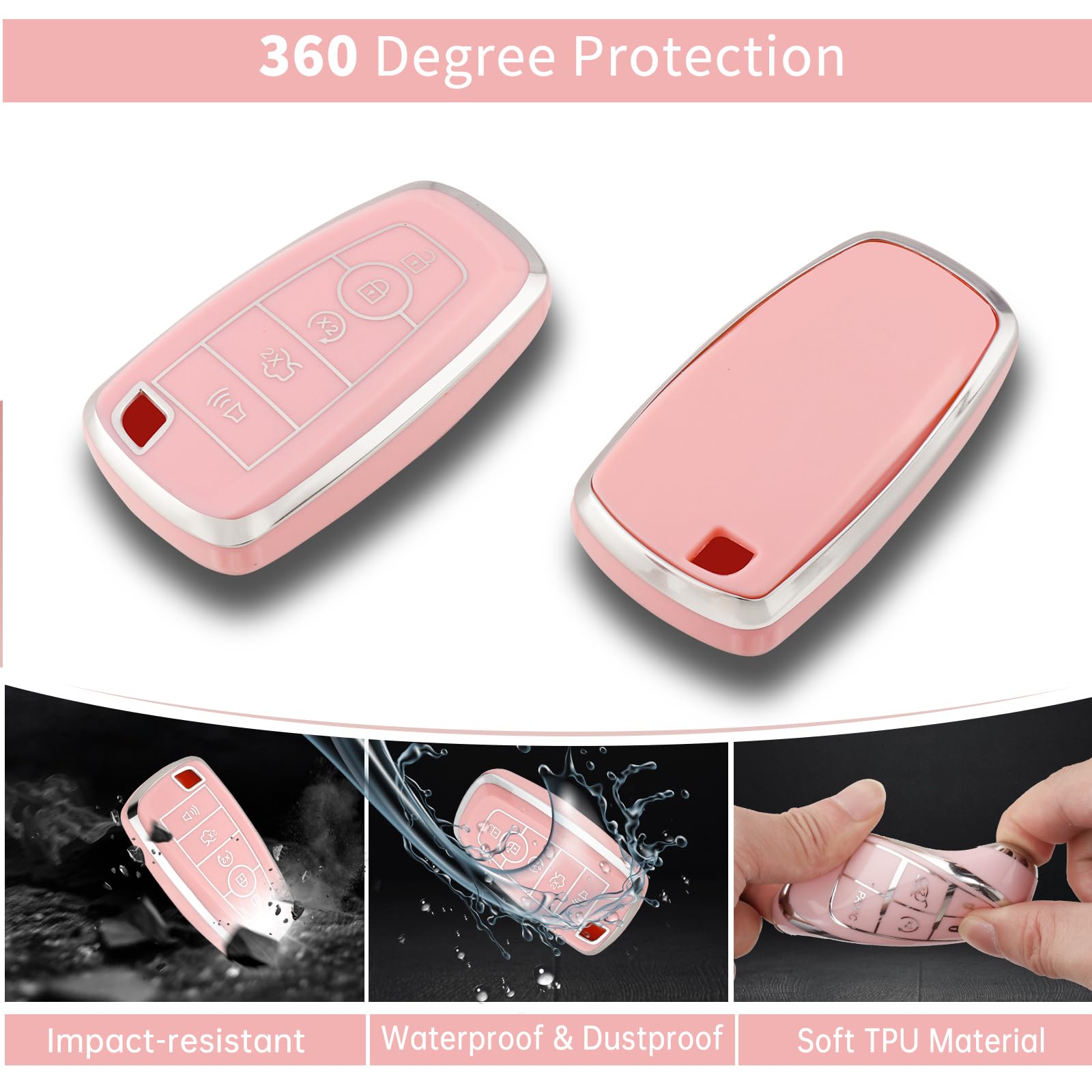 Pangpai Pink Key Fob Cover for Ford, Soft TPU Key Case Protection with Bling Keychain Fit for Edge Escape Expedition Explorer Fu