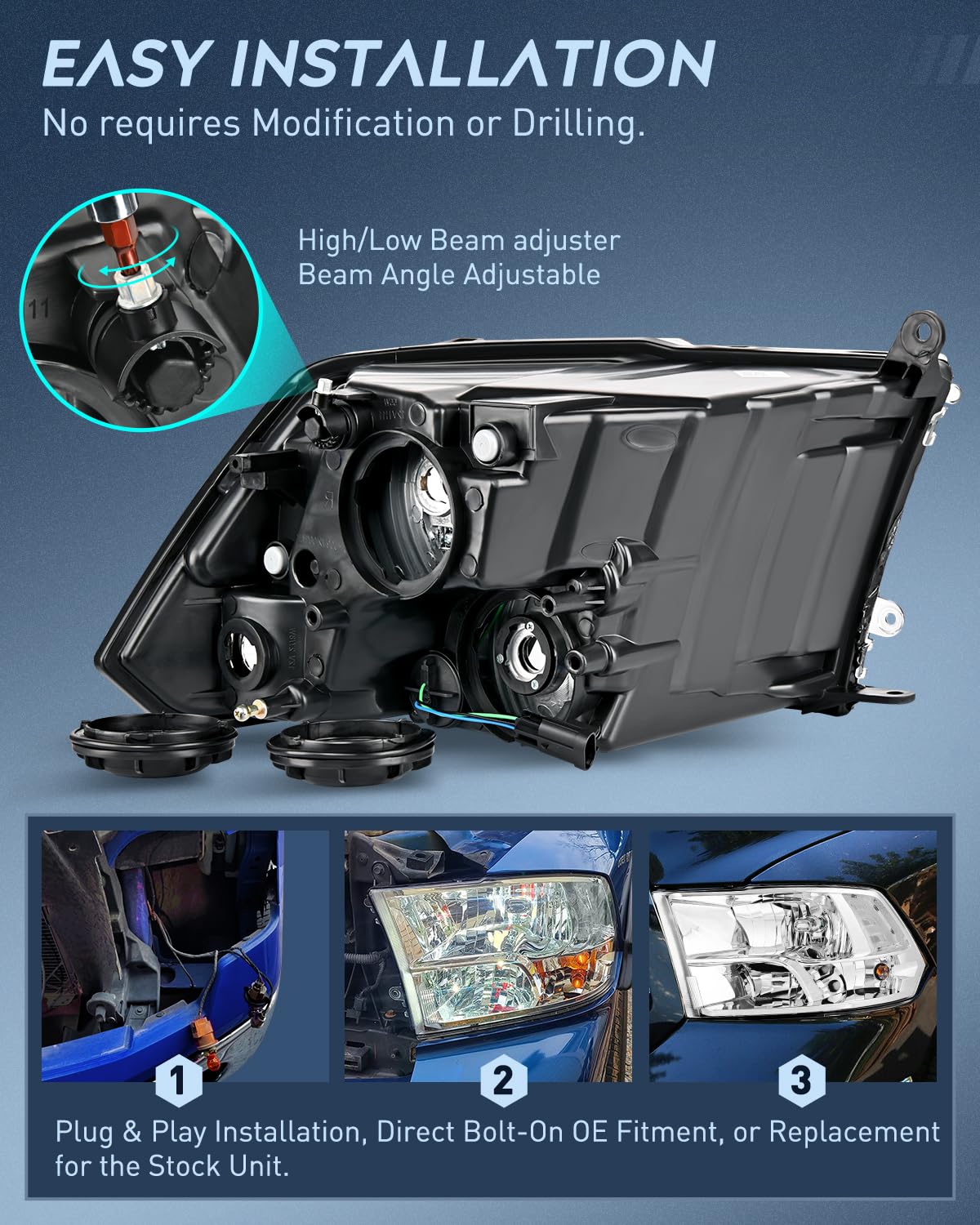 Nilight Headlight Assembly 2009 2010 2011 2012 2013 2014 2015 2016 2017 2018 Ram 1500 2500 3500 Pickup Quad Headlamp Assembly Re