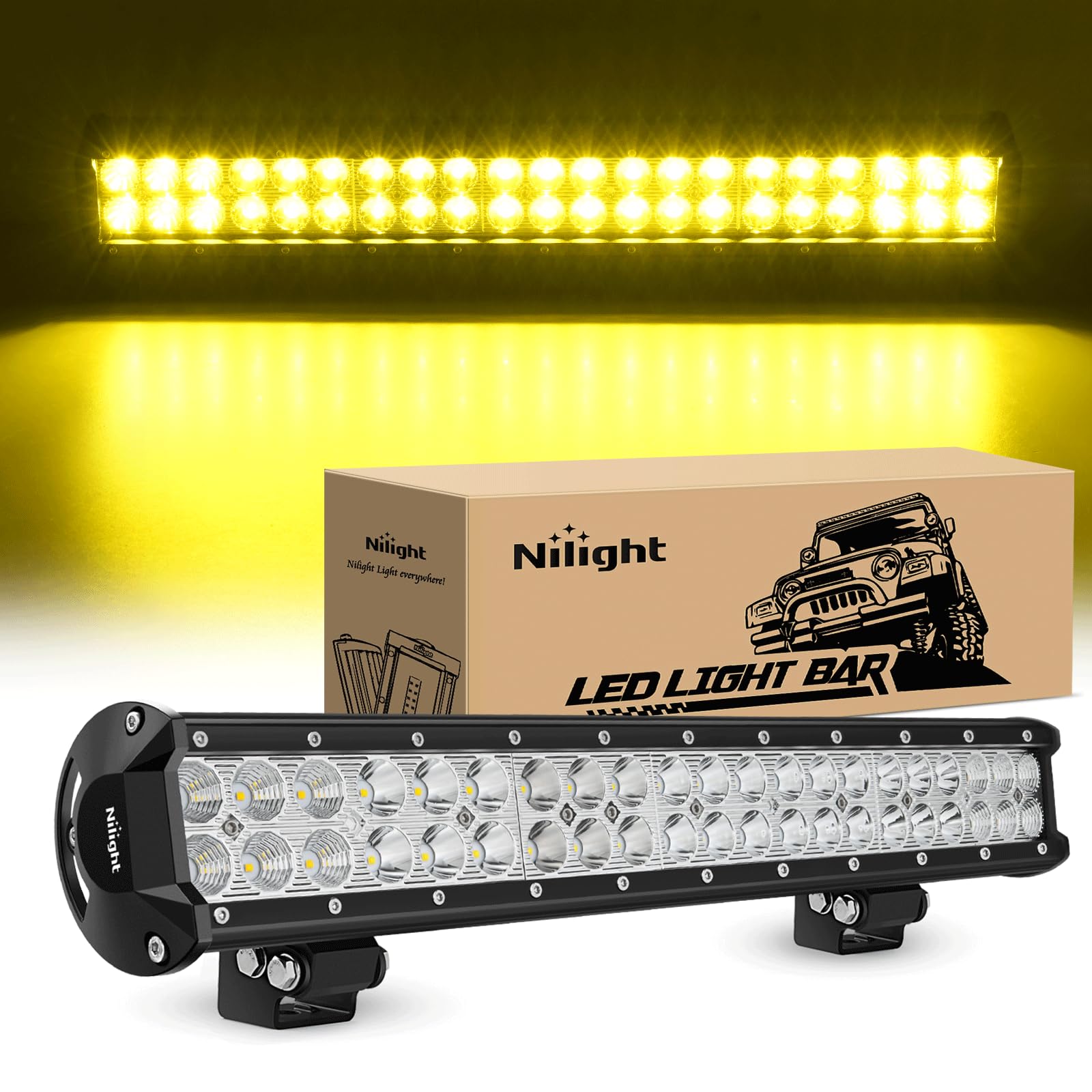 Nilight Led Light Bar 20 Inch 126W Spot Flood Combo Yellow Beam Off Road Lamp Fishing Hunting Emergency Deck Work Lighting For T
