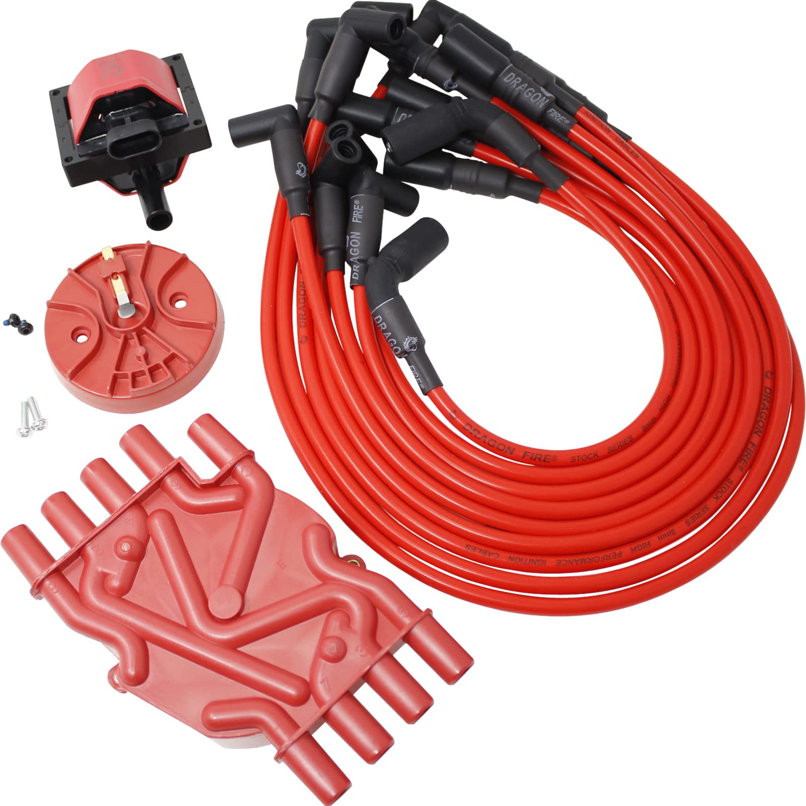 DRAGON FIRE PERFORMANCE Ignition Power Pack Kit Direct Replacement Coil Plug Wires Cap and Rotor Compatible With 1996-2002 Chevr