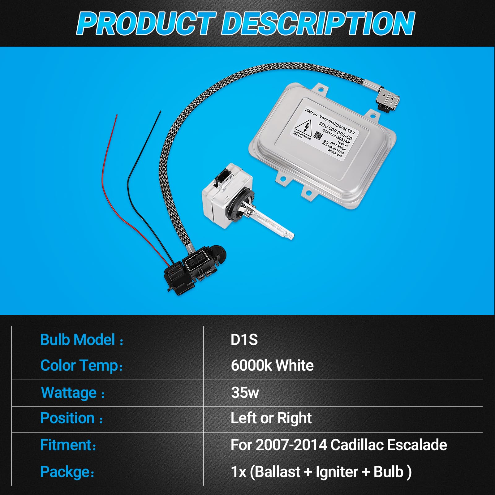5DV 009 000-00 Xenon HID Ballast Headlight Control Unit W/ Igniter and D1S Bulb Replacement for 2007-2014 Cadillac Escalade, 200