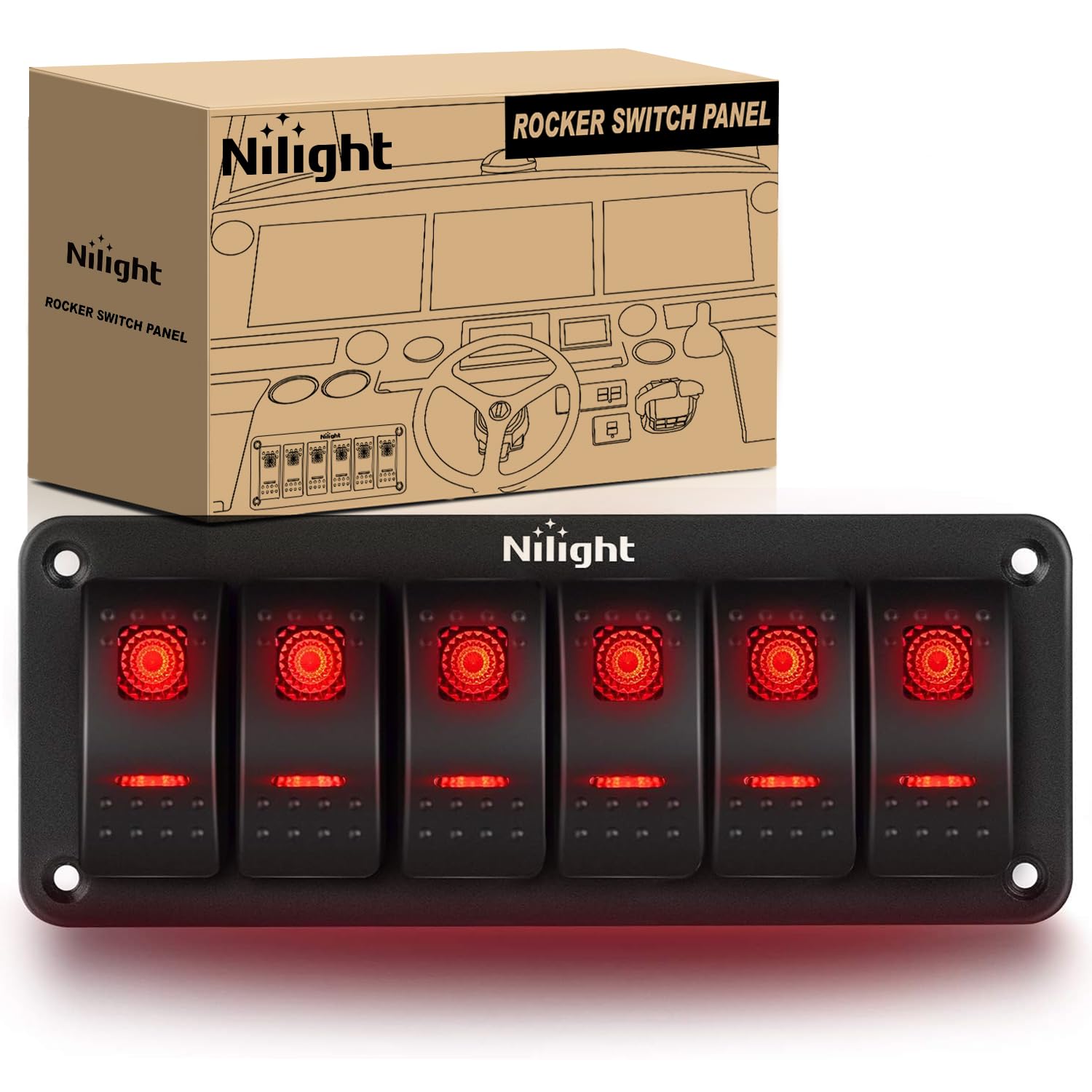 Nilight 6 Gang Rocker Switch Panel 5Pin On Off Toggle Switch Aluminum Holder 12V 24V Dash Pre-Wired Red Backlit Switches For Aut