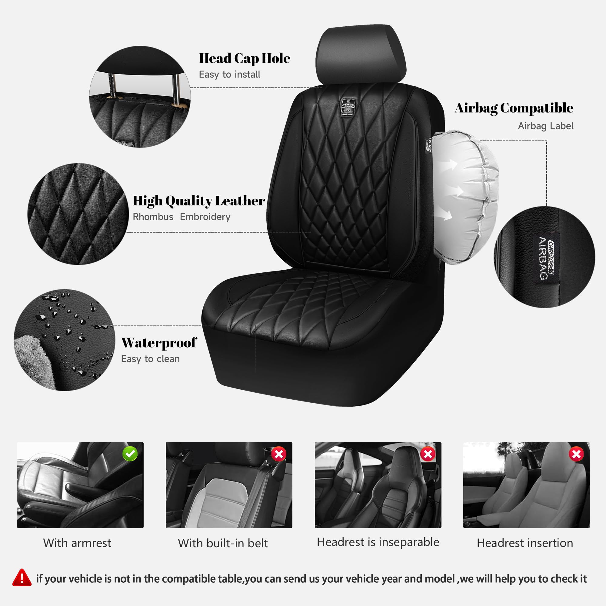 Car Pass 5 Seats Piping Luxury Faux Leather Seat Covers Full Set, Anti-Slip Waterproof Seat Covers Compatible With Front Armrest