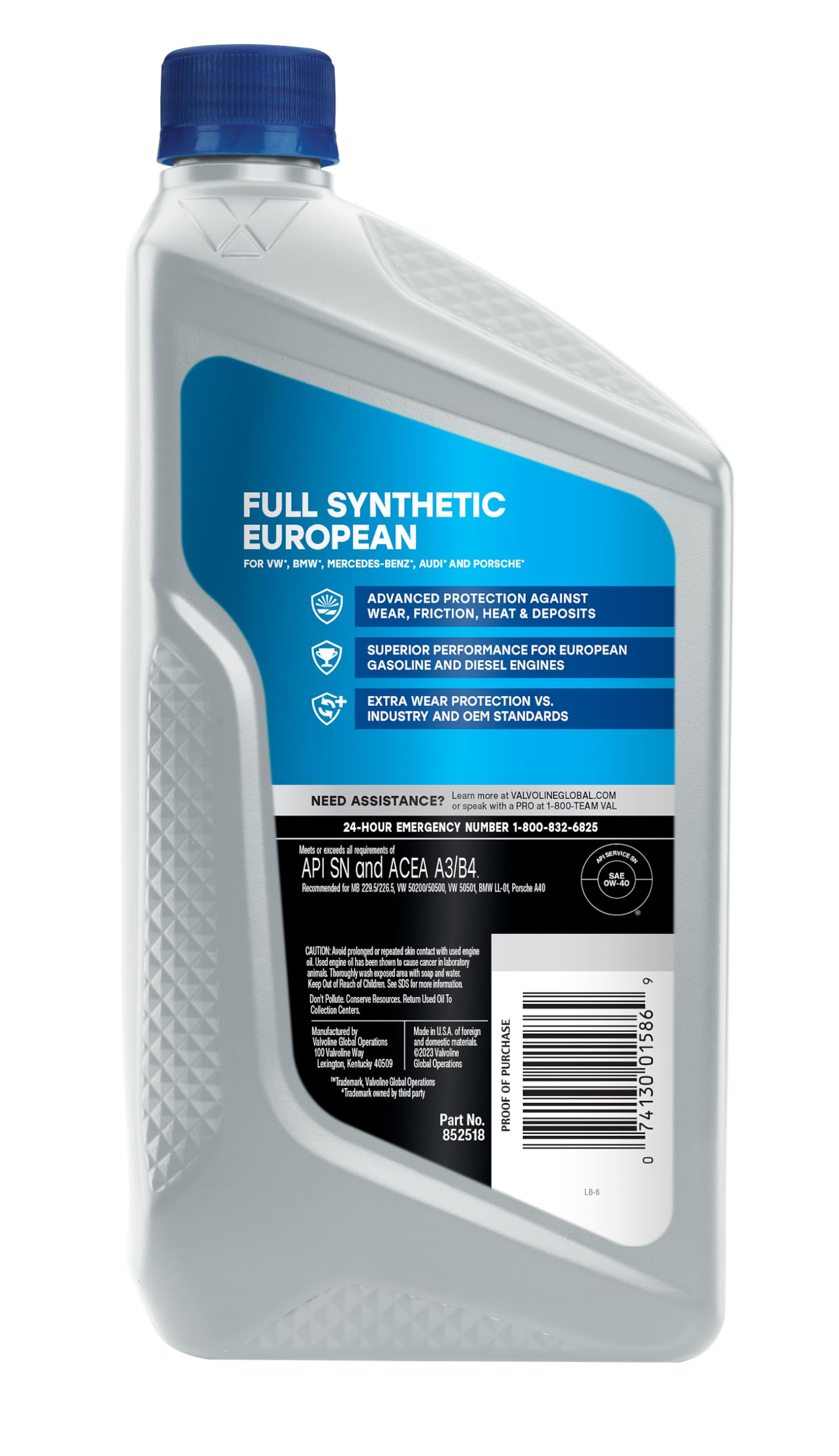 Valvoline European Vehicle Full Synthetic Sae 0W-40 Motor Oil 1 Qt, Case Of 6