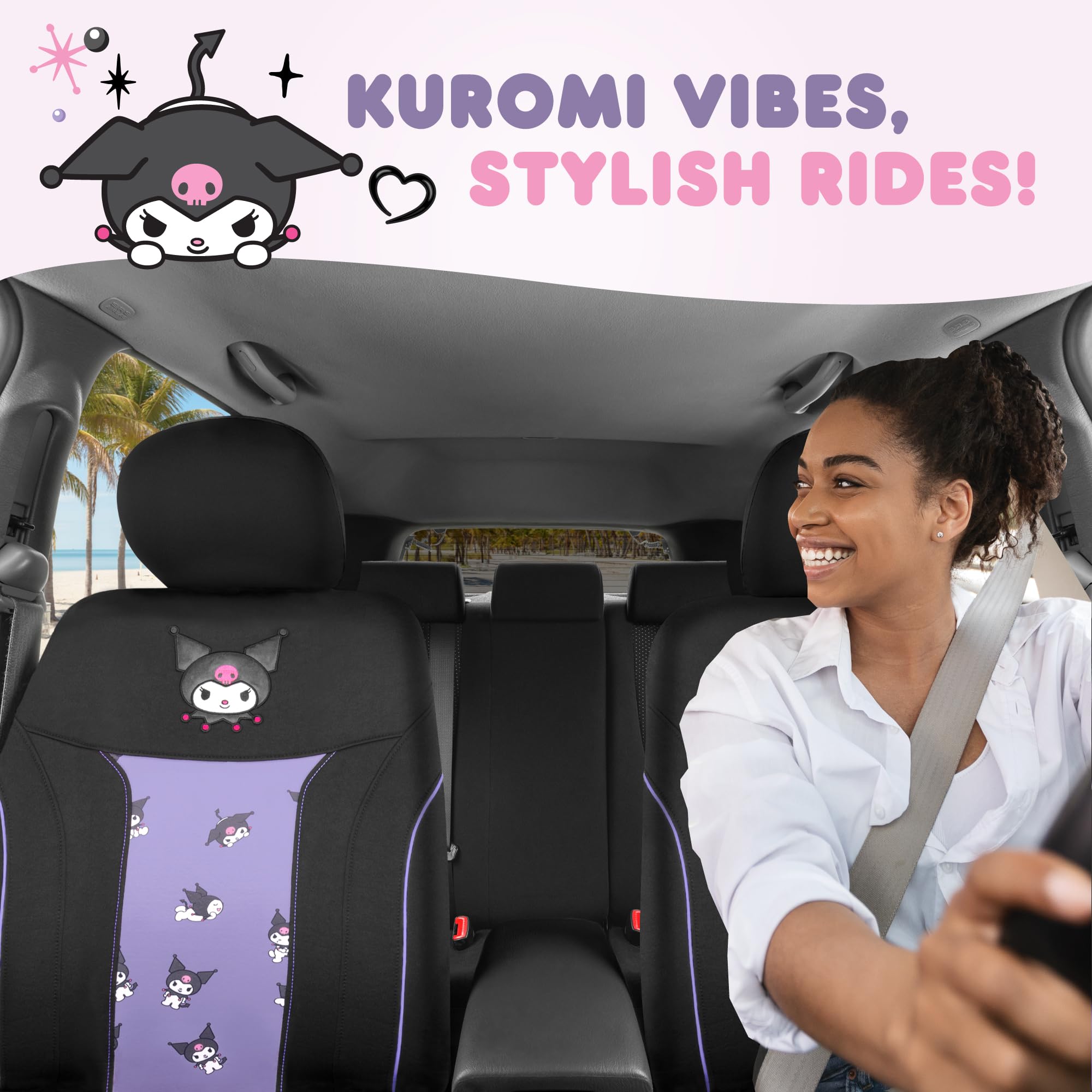 Hello Kitty Kuromi Car Seat Covers - Cute Black and Purple Front Seat Covers with Lavender Accents, Durable and Comfortable Poly