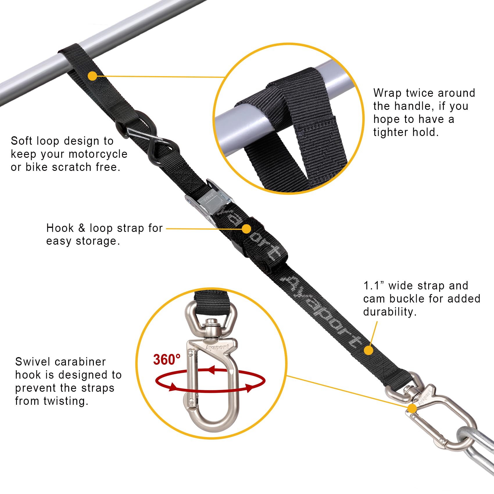 Ayaport Motorcycle Tie Down Straps 1.1    X 7 (With Swivel Carabiner Hooks) Cam Buckle Tie Downs, Handlebar Strap For Dirt Bike,