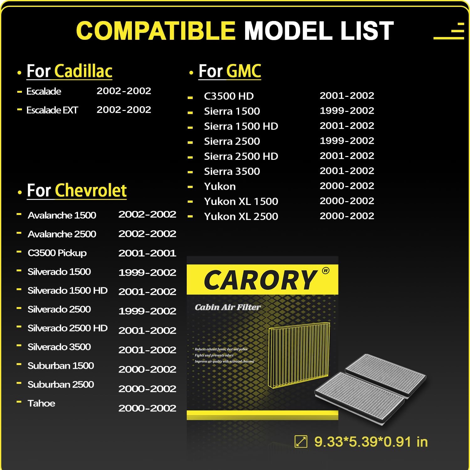 CARORY Cabin Air Filter w/Activated Carbon for Chevy, GMC, Cadillac Select Models - Silverado 1500/2500, Suburban, Avalanche 150