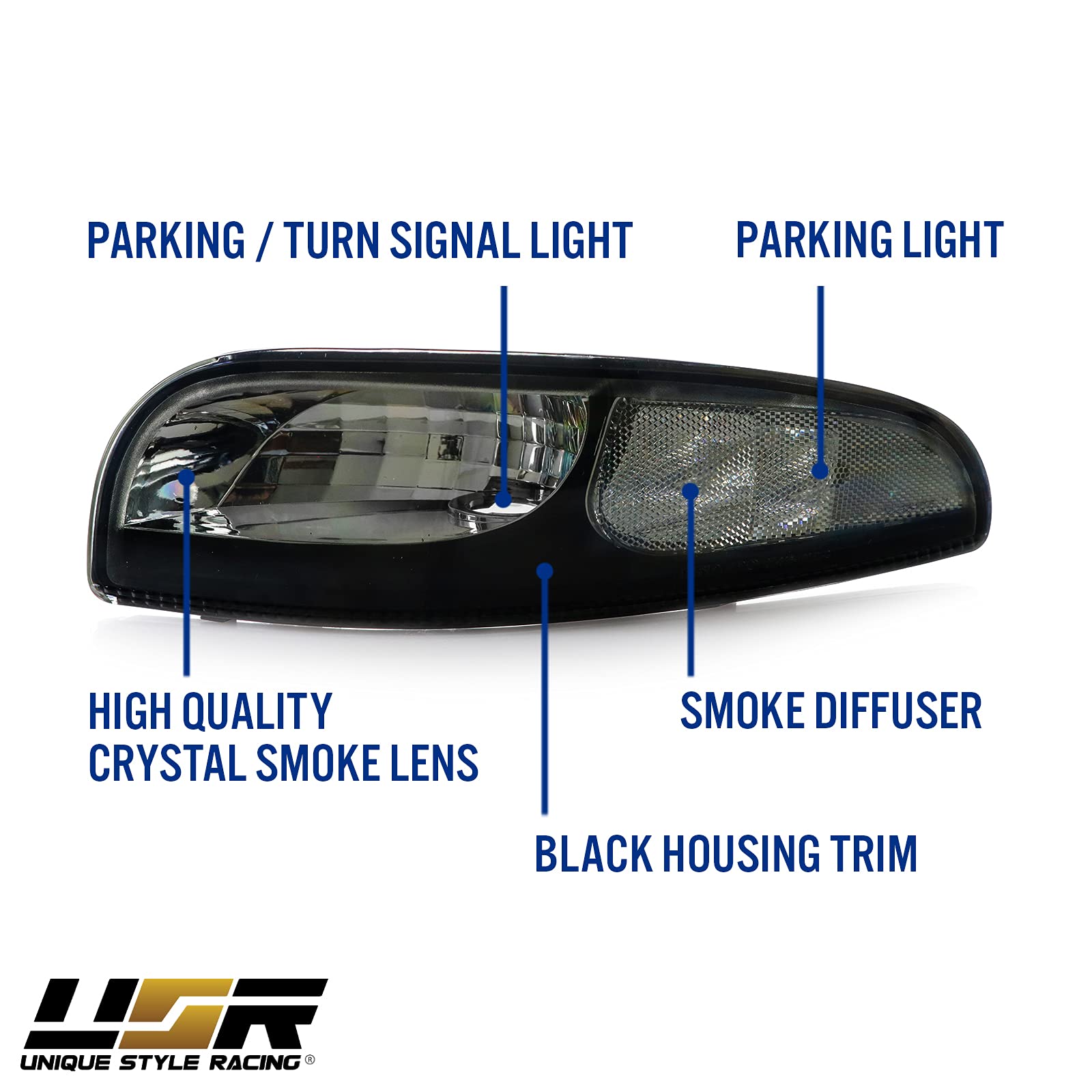 USR UNIQUE STYLE RACING Vette C5 Turn Signal Lights Set (Left + Right) for 1997-2004 Chevy Corvette C5 - Black Housing Smoke Lens