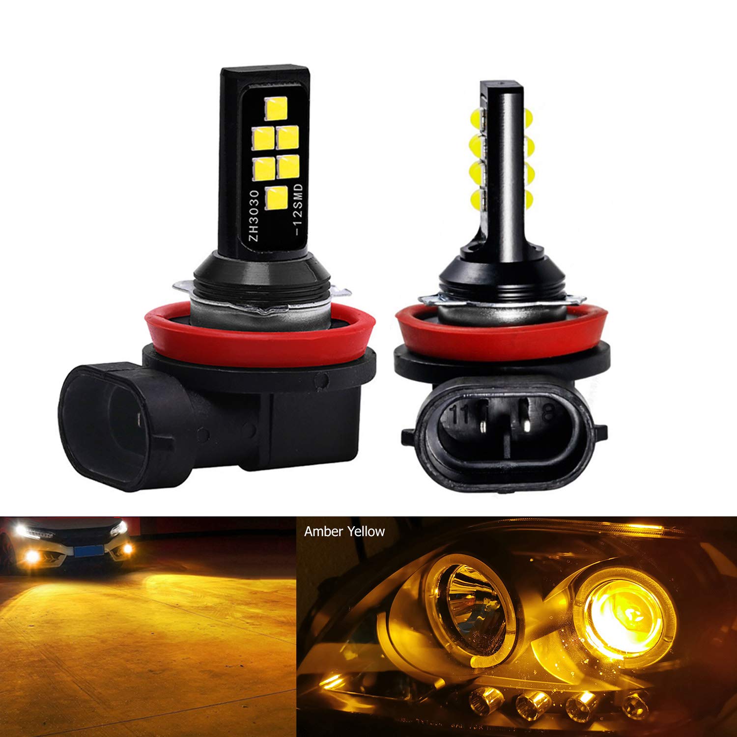 SOCAL-LED LIGHTING 2x H11 H8 LED Fog Light Bulb for Powersports Advanced 3030 SMD Bright Colorful Daytime Running DRL Lamp, Ambe