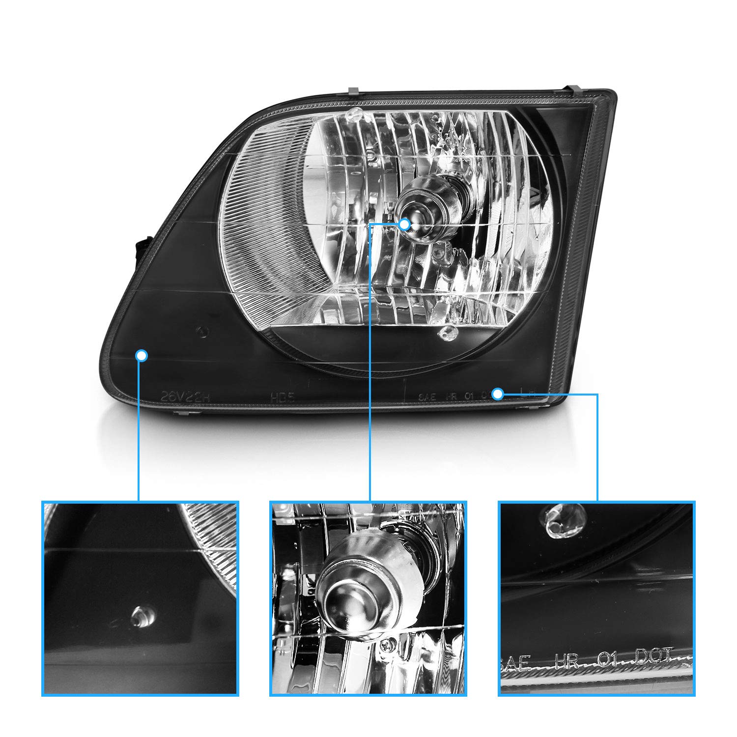 Amerilite G2 Black Main High/Low Beam Replacement Headlights For 1997-2003 Ford F-150 - Passenger And Driver Side