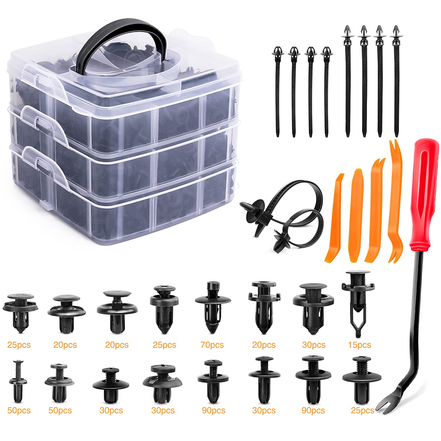 GOOACC 635Pcs Car Push Retainer Clips & Auto Fasteners Assortment -16 Most Popular Sizes Nylon Bumper Fender Rivets with 10 Cabl