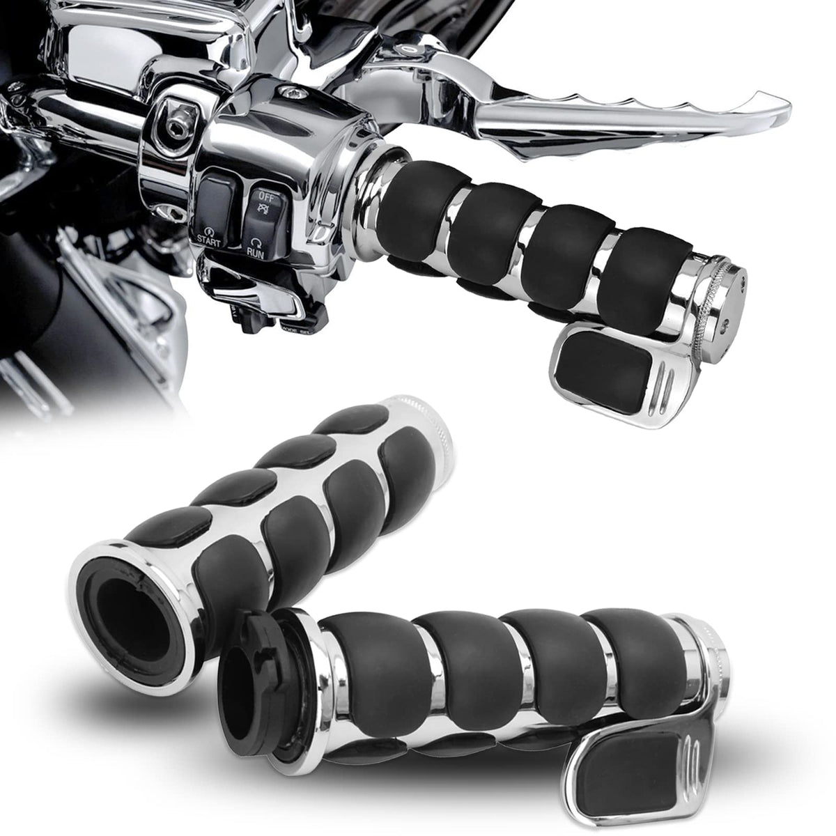 Dreamizer Universal 1' 25Mm Chrome Flat Head Motorcycle Hand Grips With Black Non-Slip Rubber For Harley Honda Yamaha Suzuki Kawasaki W/Big Throttle Assist