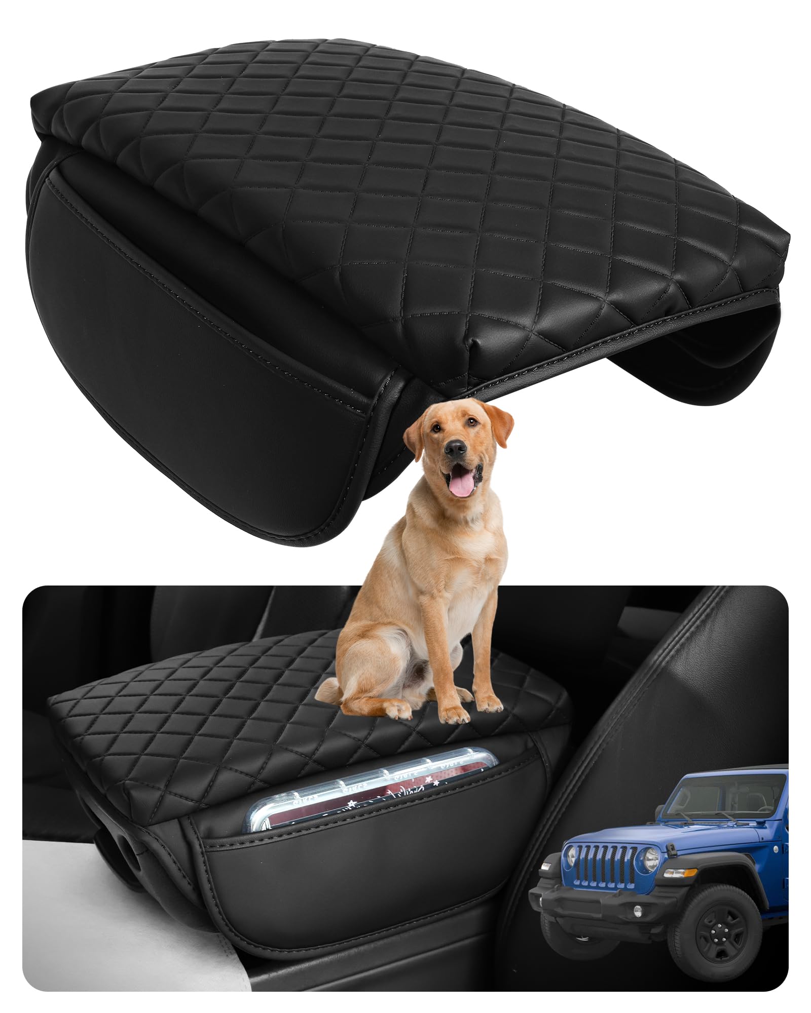 Armrest Cover for Jeep Wrangler Center Console Pad with Organizer Storage Pockets, Black Faux Leather Arm Rest Lid Protector Cus