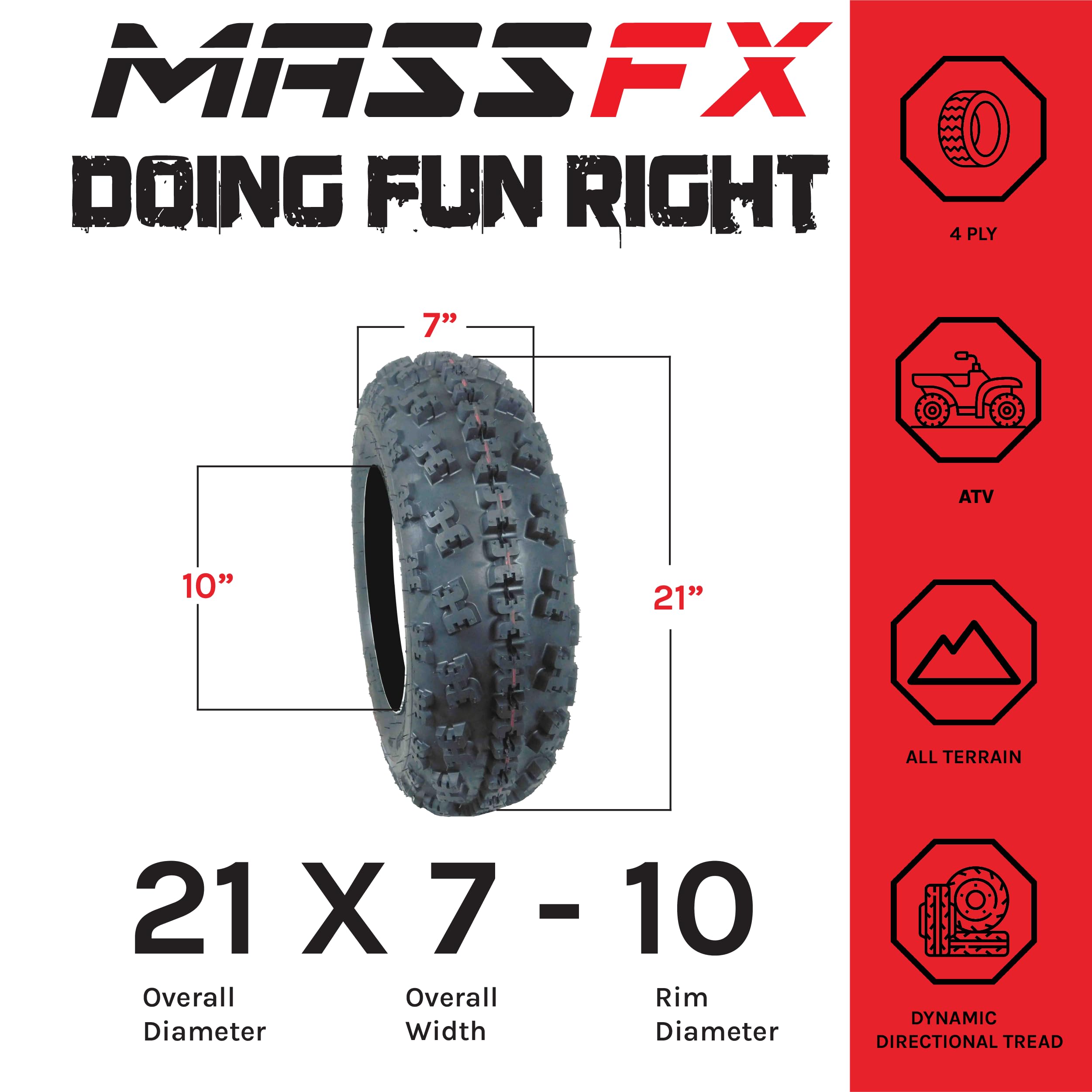 MASSFX 21x7-10 Front Tires (2) for Sport Quad: All-Terrain (ATV), Utility-Task (UTV), and Side-by-Side (SxS) Vehicles - 4-Ply wi