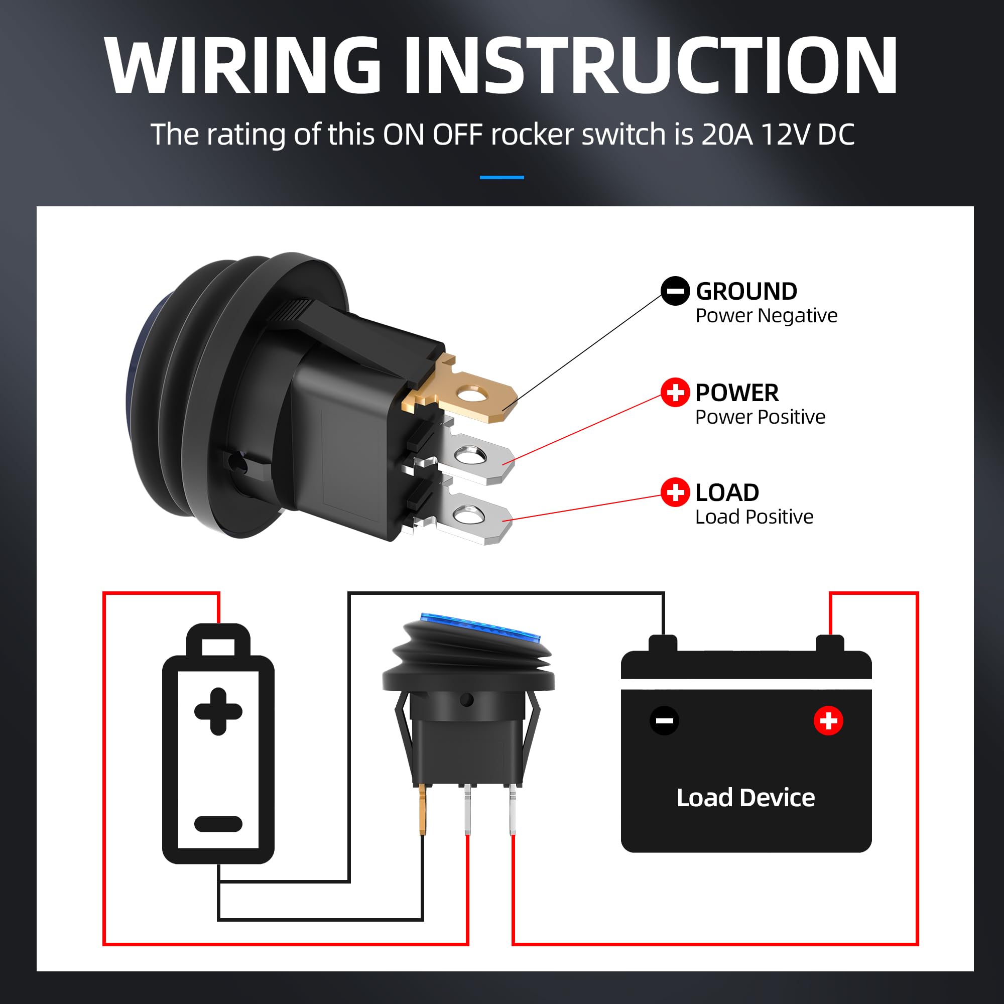 DAIERTEK Waterproof Rocker Switch 12V SPST with Blue LED Light - Model DS1825, 2PCS for Marine, Automotive, RV, Truck