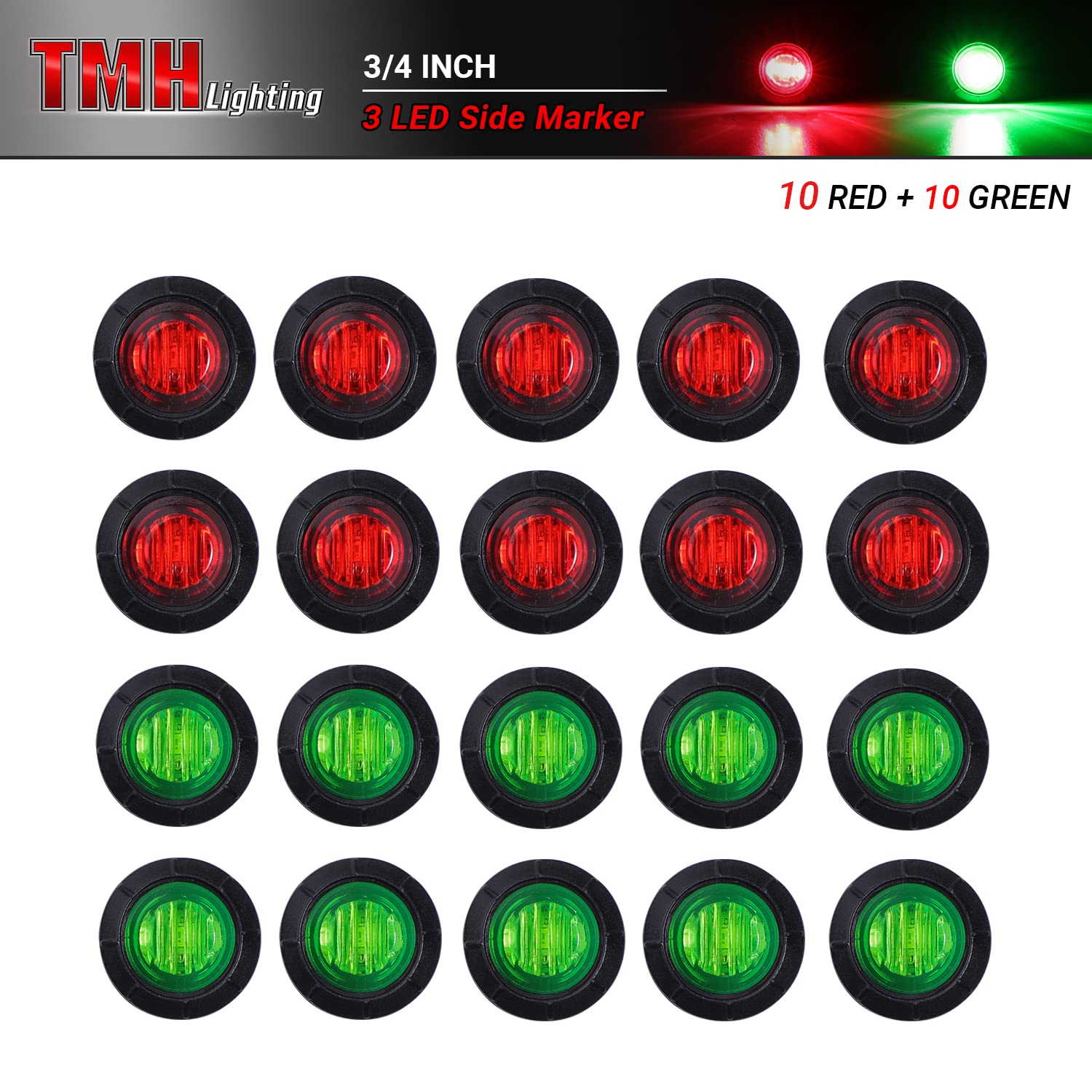 Tmh (Pack Of 20 3/4 Inch Round Green & Red Led Indicator Clearance Lamp Side Marker Light With Rubber For Trailer Truck Lorry Pi