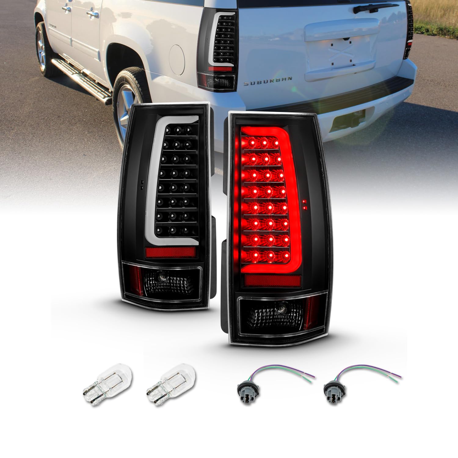 Amerilite For 2007-2014 Chevy Tahoe Suburban/Gmc Yukon Xl Denali Replacement Clear Black C-Type Led Tube Tail Lights Set - Passe