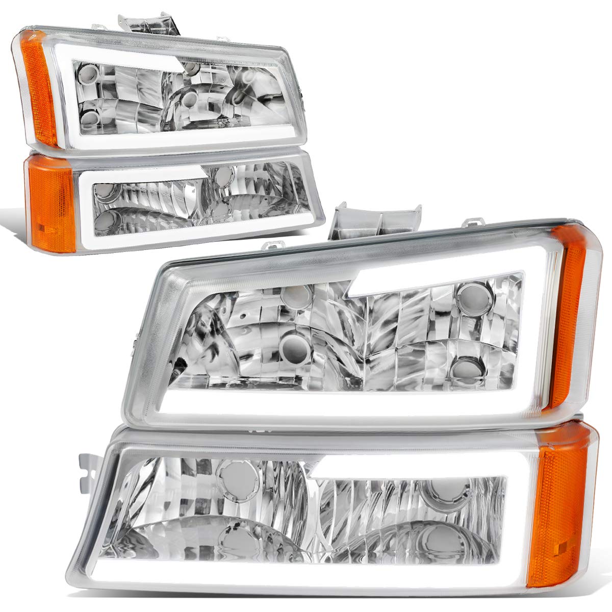 Dna Motoring Hl-Lb-Csil03-Ch-Am Chrome Amber 3D Led Drl Headlight Bumper Lamp Set Compatible With 03-06 Silverado 1500-3500 / Av