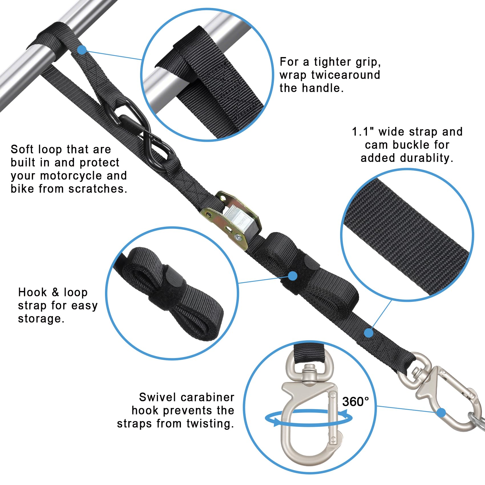 EXVITAL Motorcycle Tie Down Straps with Swivel Carabiner Hook 1.1  8' Dirt Bike Straps for Motorcycle, Dirt Bikes, Truck, ATV,
