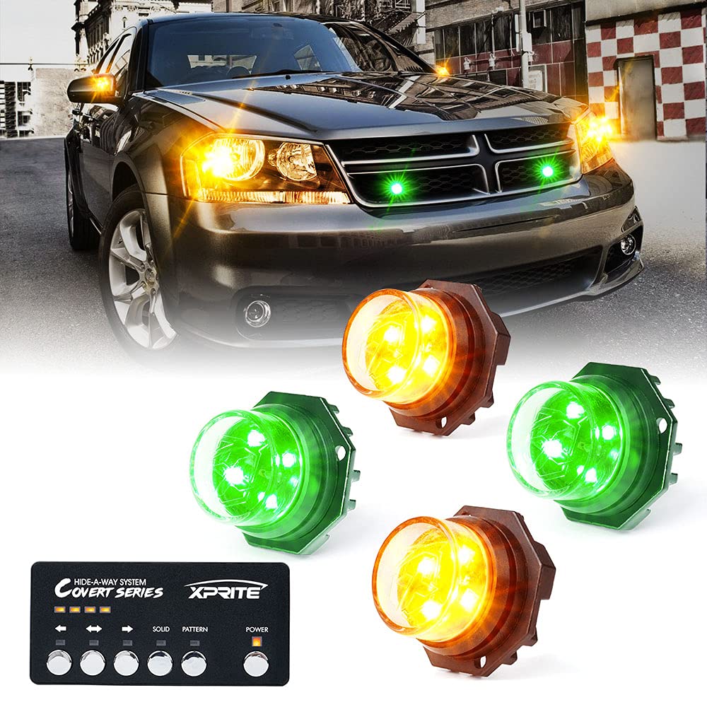 Xprite Amber Green Led Hideaway Strobe Lights Kit 20 Flashing Patterns W/Control Panel Headlights Taillights Fog Marker Light Mo