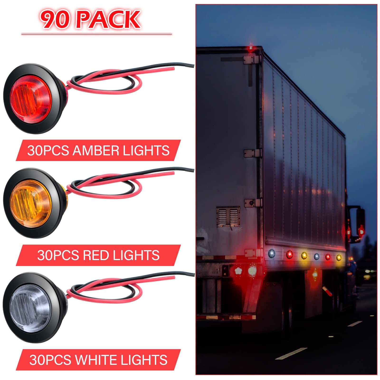 90 Pack 3/4 Inch Led Side Marker Lights Mini Trailer Button Lights Round Signal Lamp 3 Led Sealed Flush Mount Bulb For Boat Lorry Truck Pickup Bus 12V Dc, Amber, Red, White