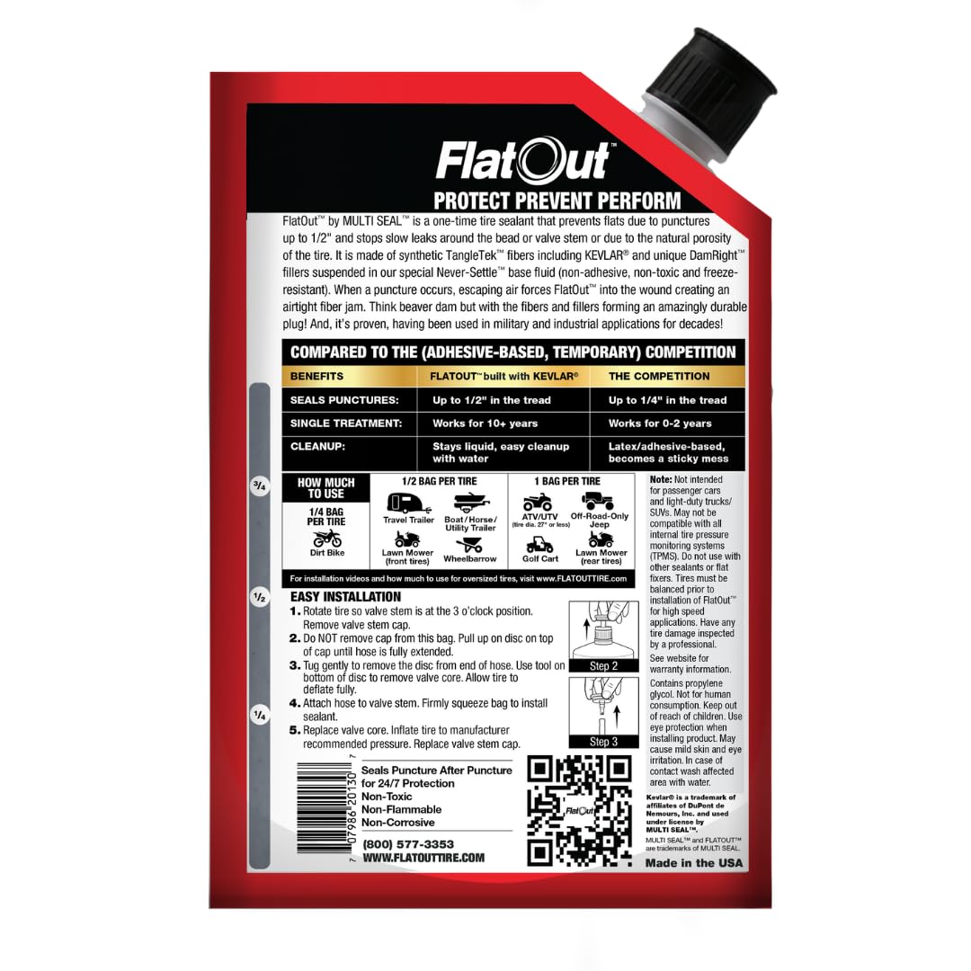 FlatOut Flat Tire Sealant - 32oz, Prevents Flats, Seals Leaks, Outdoor Power Equipment Formula, Clear, 1-Pack with Kevlar