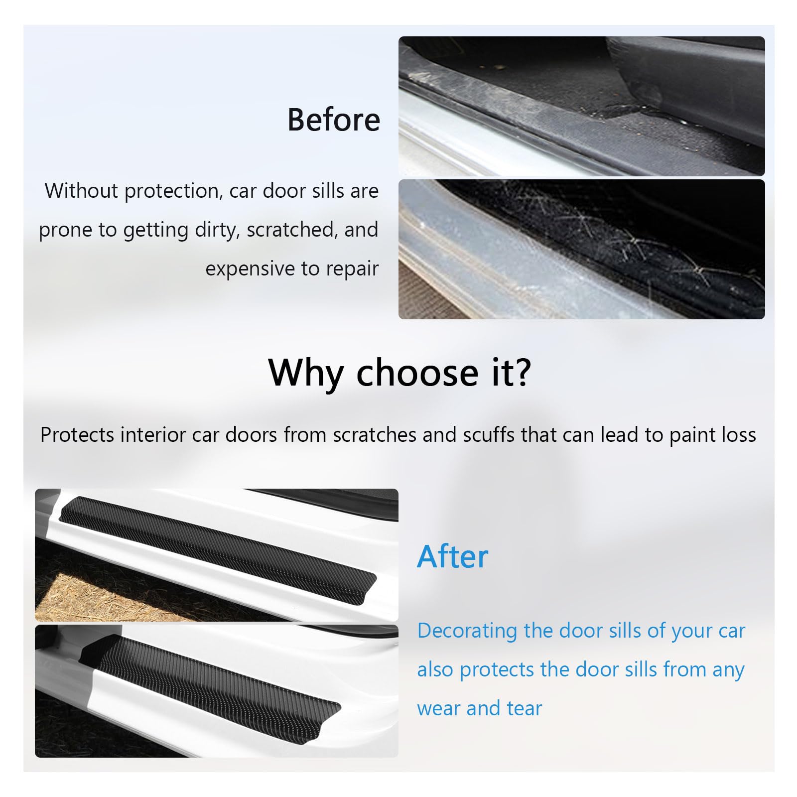 Dickno 4 Pcs Car Door Sill Protector, 5D Carbon Fiber Auto Door Entry Edge Guard Protection Trim, Anti-Scratch Threshold Cover Strips, Sill Protection Sticker For Car Suv Truck (Black)