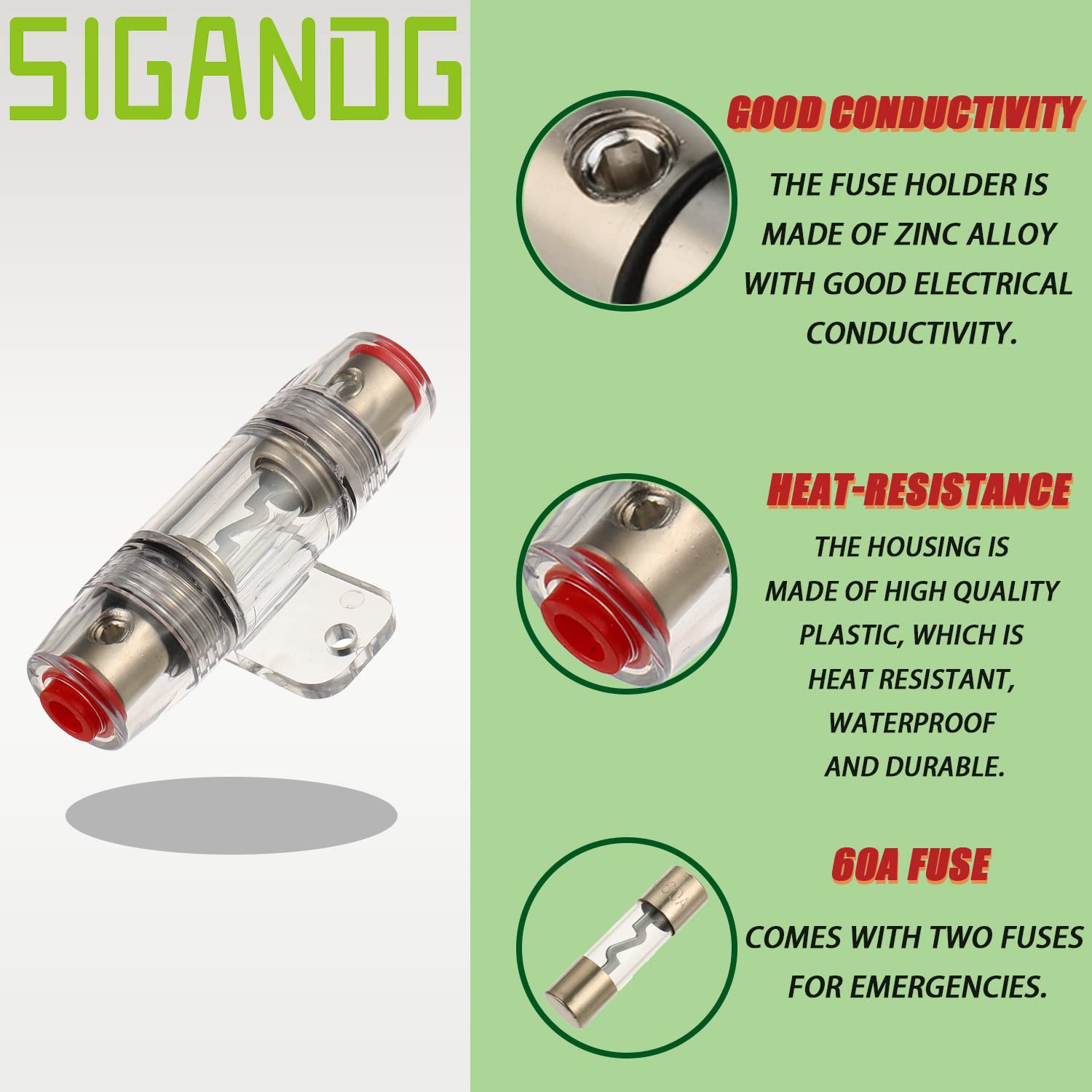 Sigandg 60A Agu Fuse Holder With 8 Gauge Awg 1Ft Power Wire - 99.9% Oxygen-Free Copper