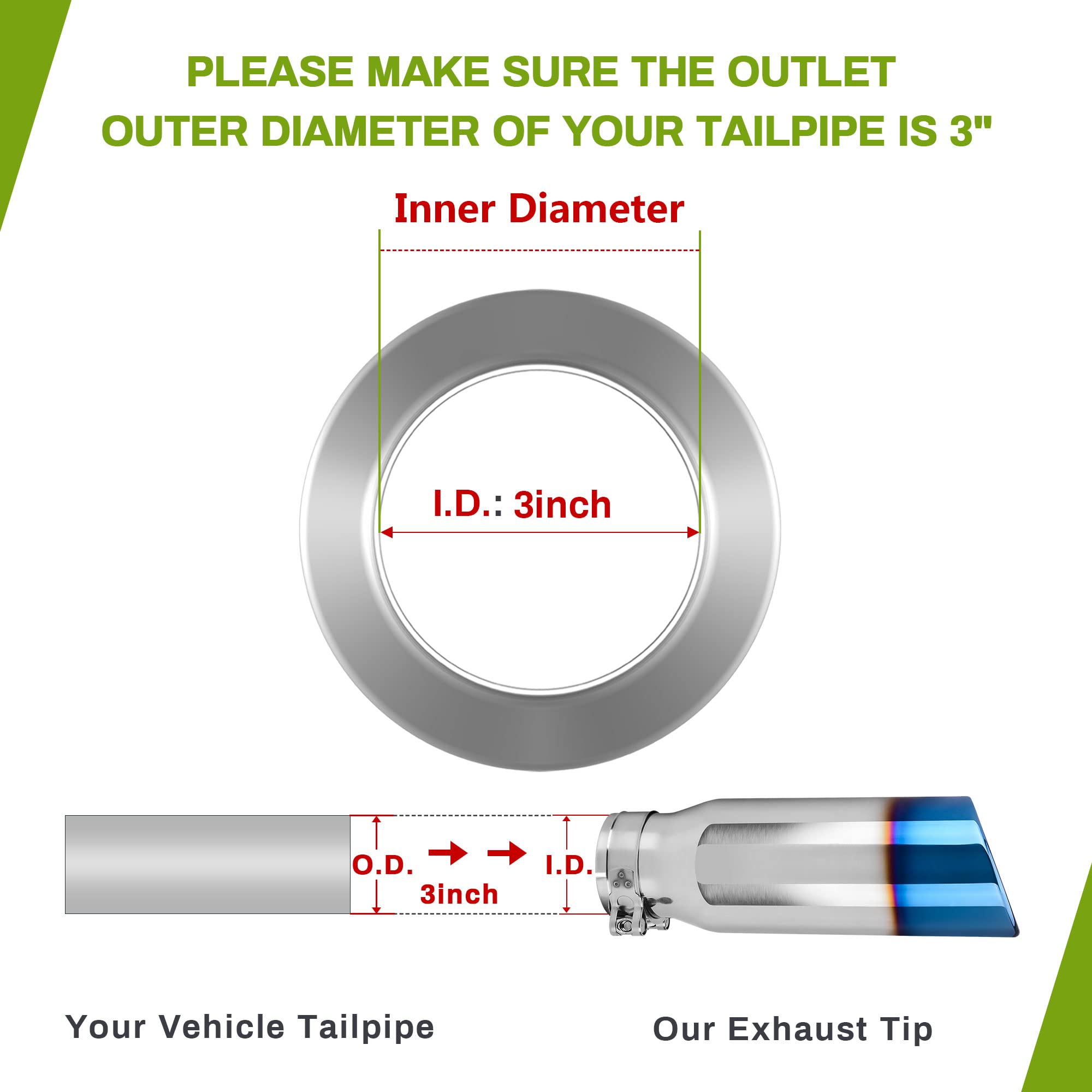 Autosaver88 3 Inch Exhaust Tip, 3 Inlet 4 Outlet 12 Overall Length Chrome Polished Stainless Steel Exhaust Tail Tip For 3 Outer Diameter Tailpipe, Rolled Angle Cut, Bolt/Clamp On, Burnt Blue