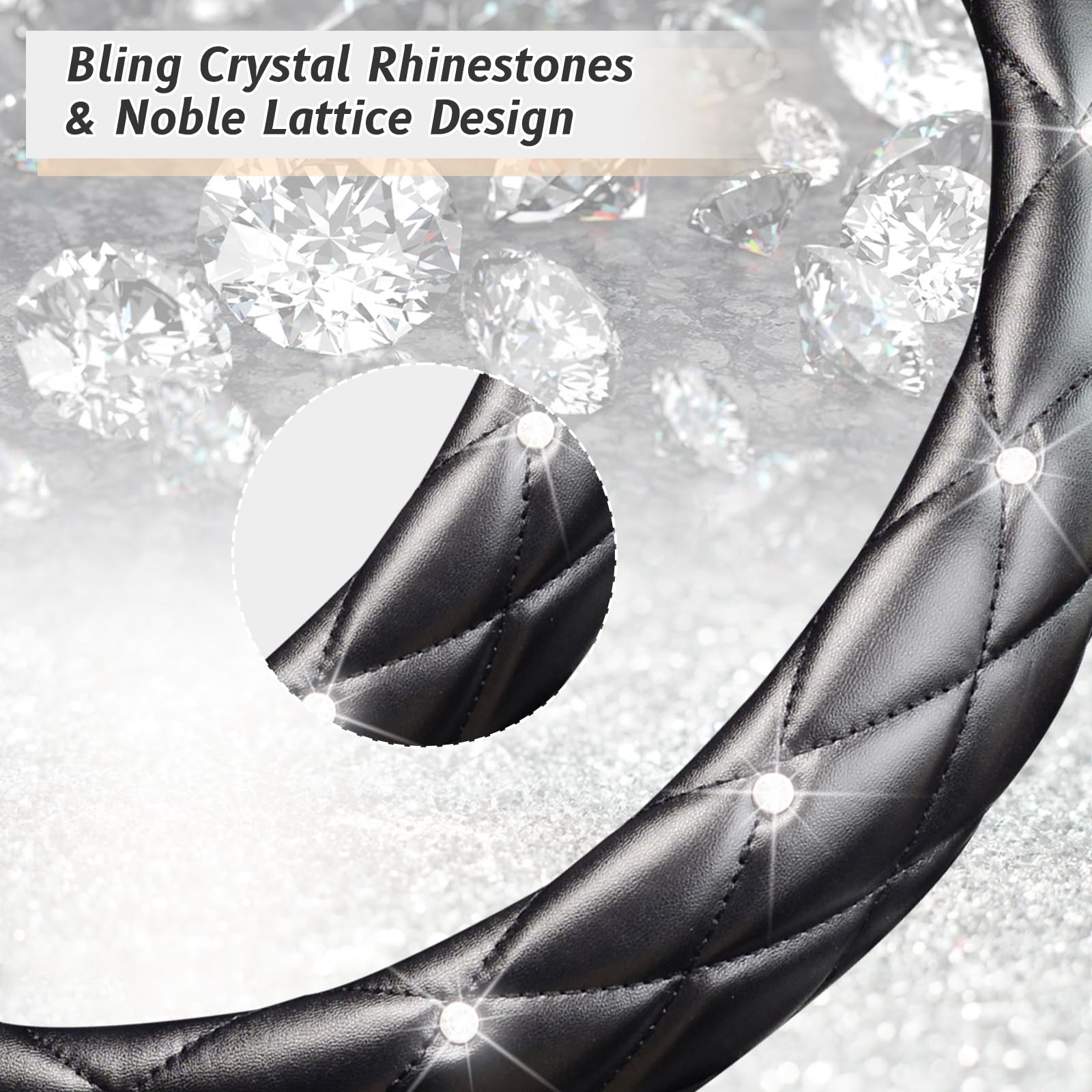 Kafeek Diamond Soft Leather Steering Wheel Cover With Bling Bling Crystal Rhinestones, Universal 15 Inch Anti-Slip, Car Interior