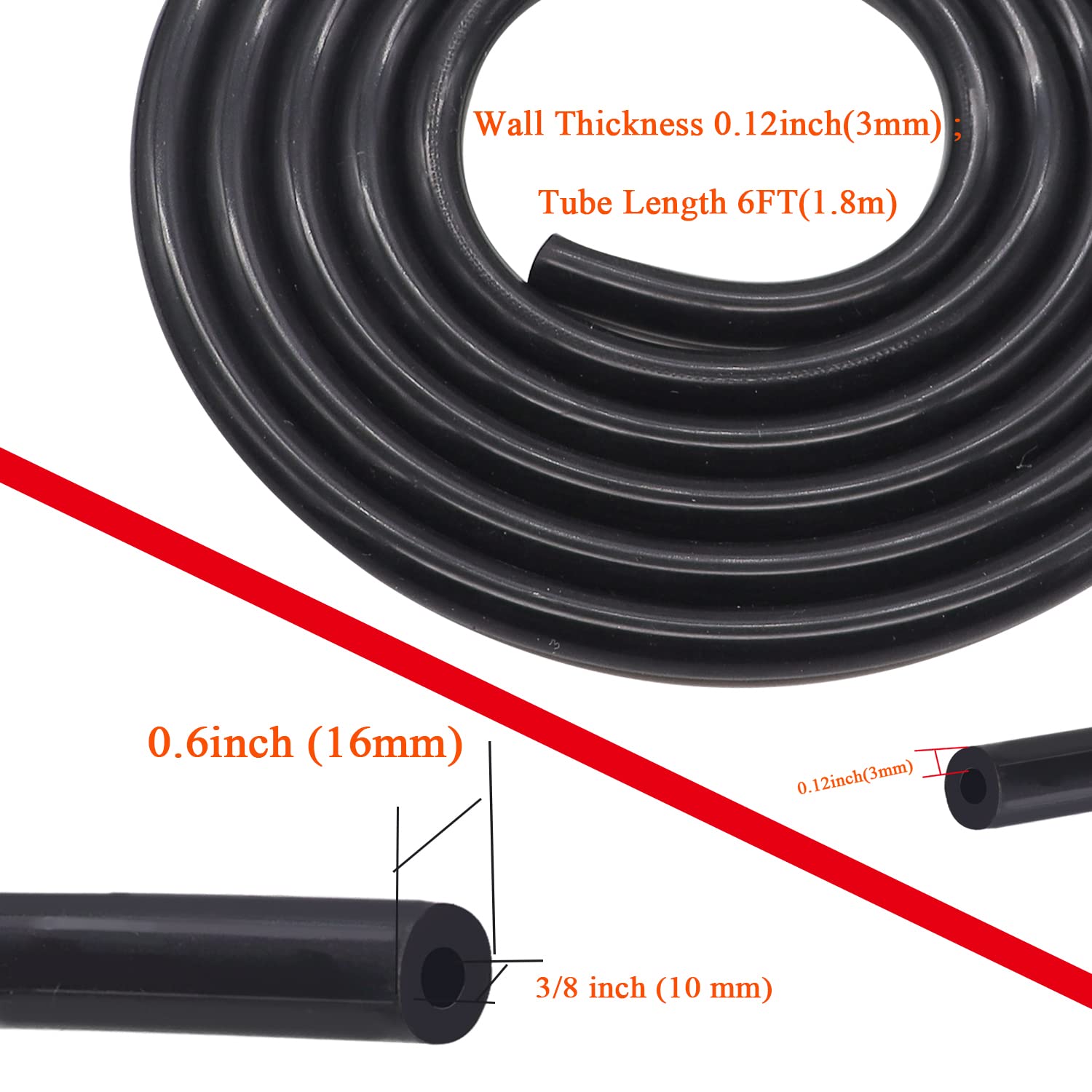Taiss 6Ft Id 3/8 '(10Mm) Silicone Vacuum Tubing Hose Line (Black),High Temperature 130Psi Max Pressure
