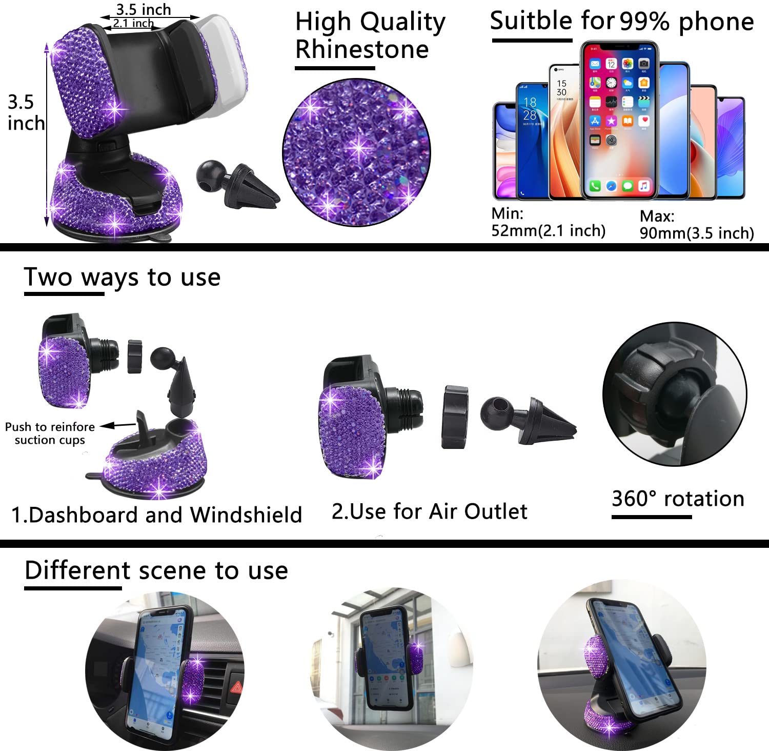 Nbtepem 27 Pcs Purple Violet Bling Car Accessories Set For Women, Bling Steering Wheel Covers Universal Fit 15 Inch, Bling Licen