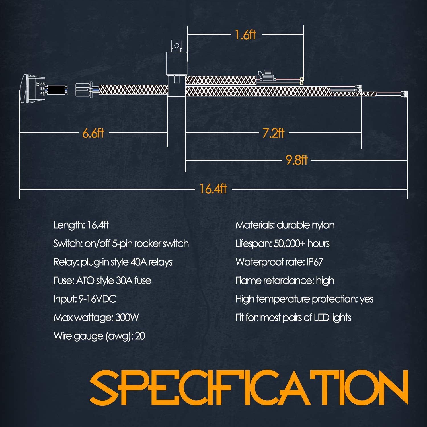 Nirider Wiring Harness 2 Lead, 12V 40A Rocker Switch Relay Fuse Nylon Wiring Harness Kit For Led Light Bars Fog Lights Work Ligh