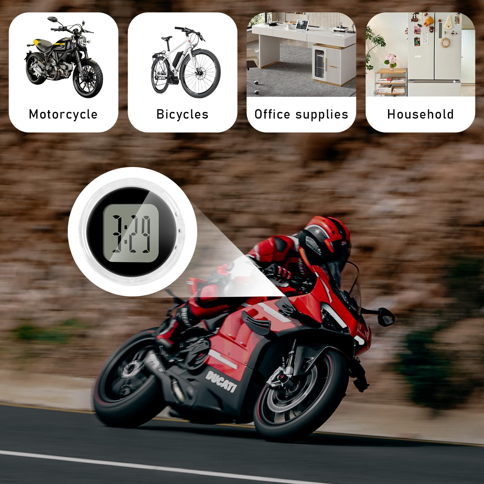 Suvnie 2 PCS Mini Motorcycle Clocks, Waterproof Motorbike Handlebar Digital Clock, 1.1 Inch Stick-On Dashboard Mount Watch, Univ