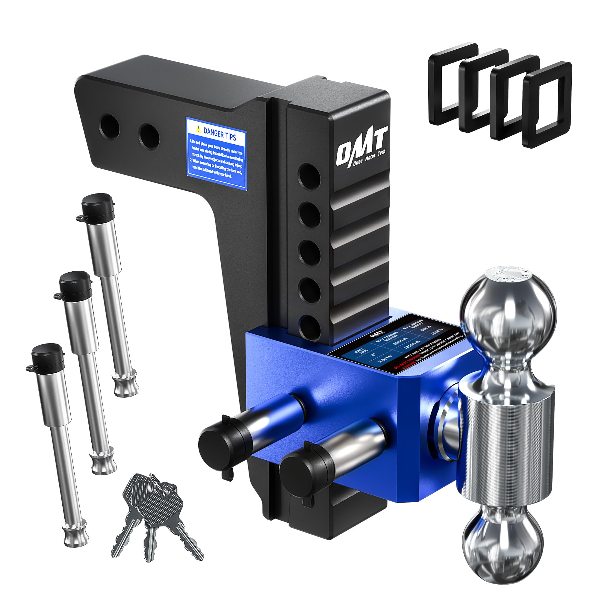 Orion Motor Tech Adjustable Trailer Hitch, Heavy Duty 2.5 inch Receiver Hitch, 8 Drop Hitch with 2 & 2-5/16 Balls, 360 Dual-Ball