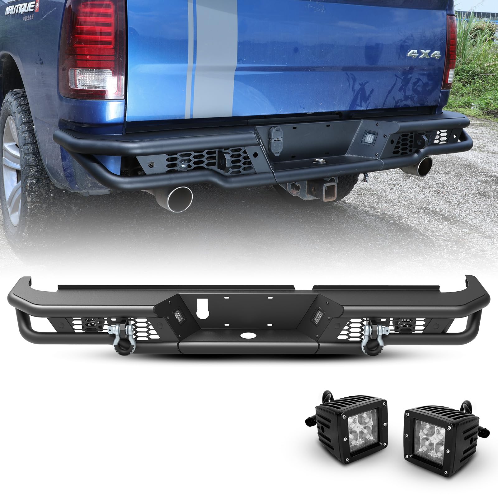 Autofree Rear Bumper For 2009-2018 Dodge Ram 1500 Pickup Truck / 2019-2023 Ram 1500 Classic Bumper, Offroad Paintable Back Bumper With Led Pod Light With Licence Lamp/D-Ring Shackles