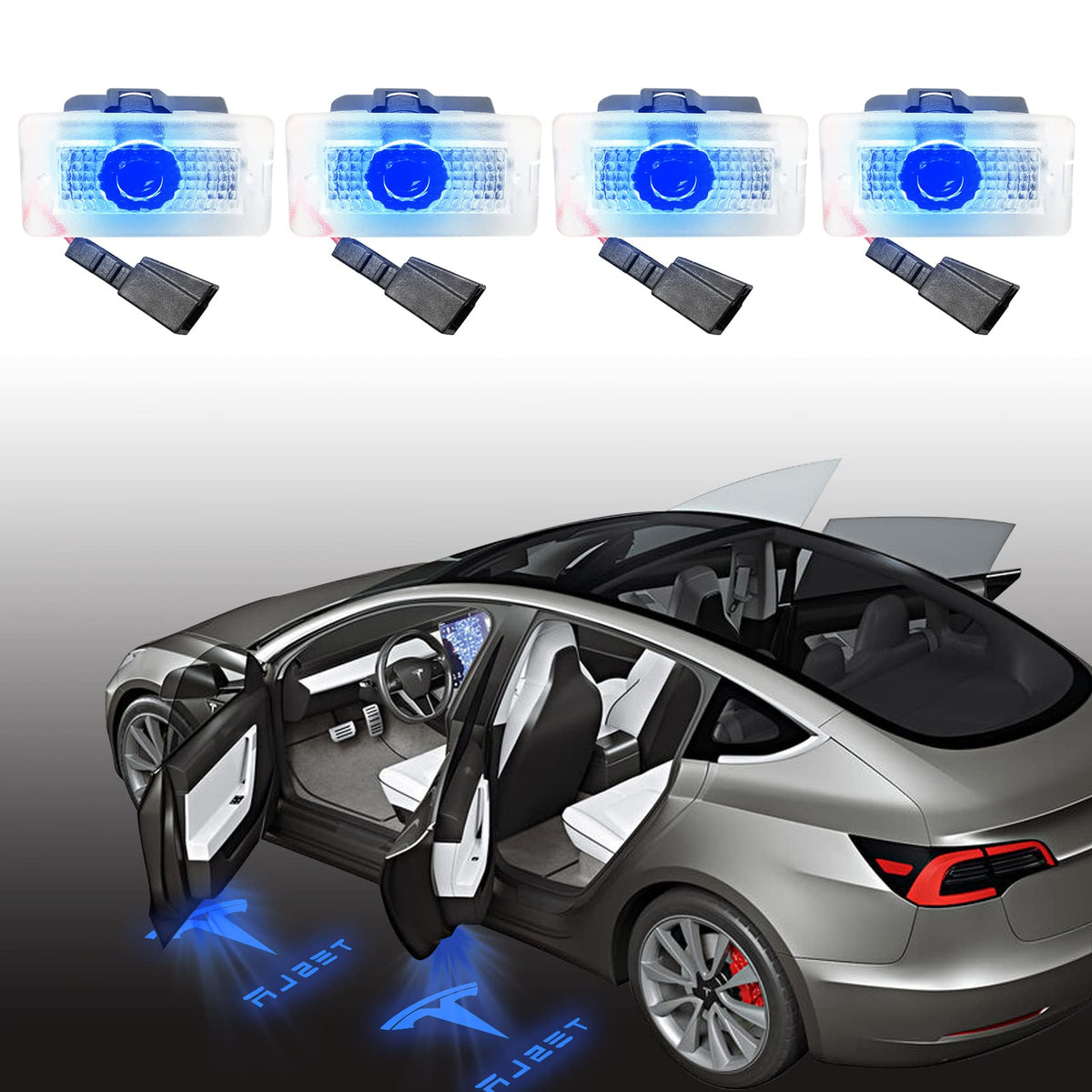 4Pcs Car Puddle Lights For Tesla Model 3/Y/S/X Accessories,Rcbdcygj Ultra-Bright Ghost Shadow Lights Welcome Courtesy Step Door Lamps Replacement With Extension Cords (Blue)