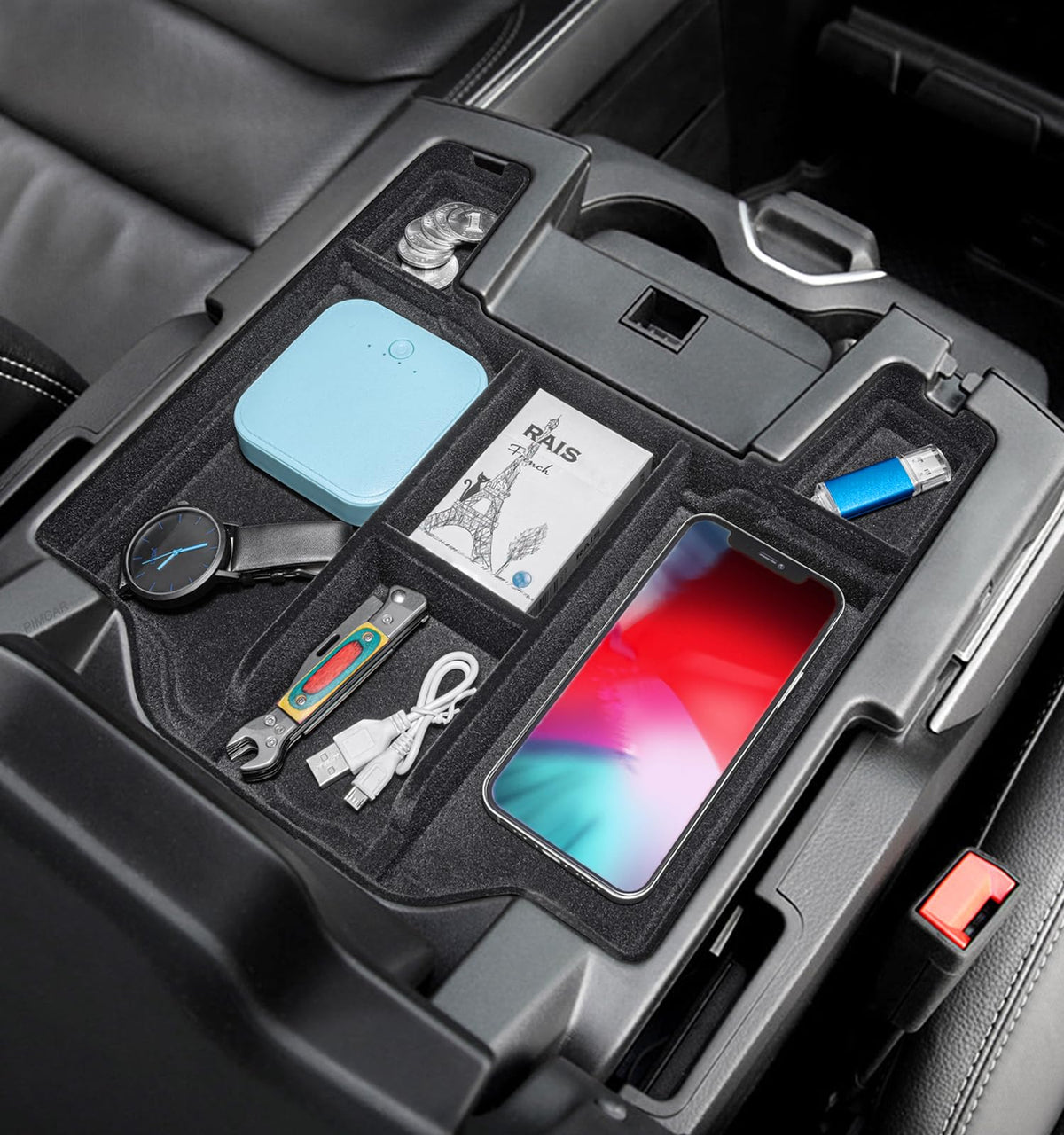 Pimcar Center Console Organizer Upgrade Flocked Liner Interior Compatible With Dodge Ram 1500 2500 3500 2019-2024 2025 Abs Plast
