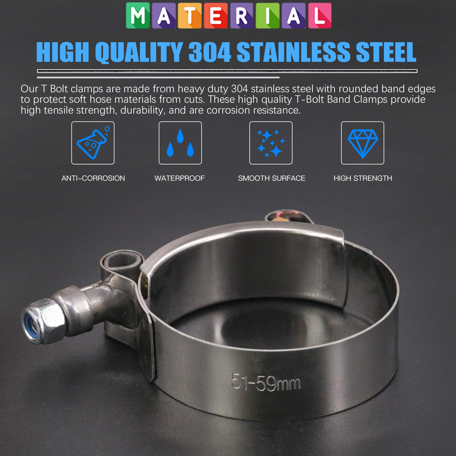 Glarks 12Pcs 51-59Mm Stainless Steel T-Bolt Hose Clamps Turbo Intake Soft Hose Intercooler Clamps