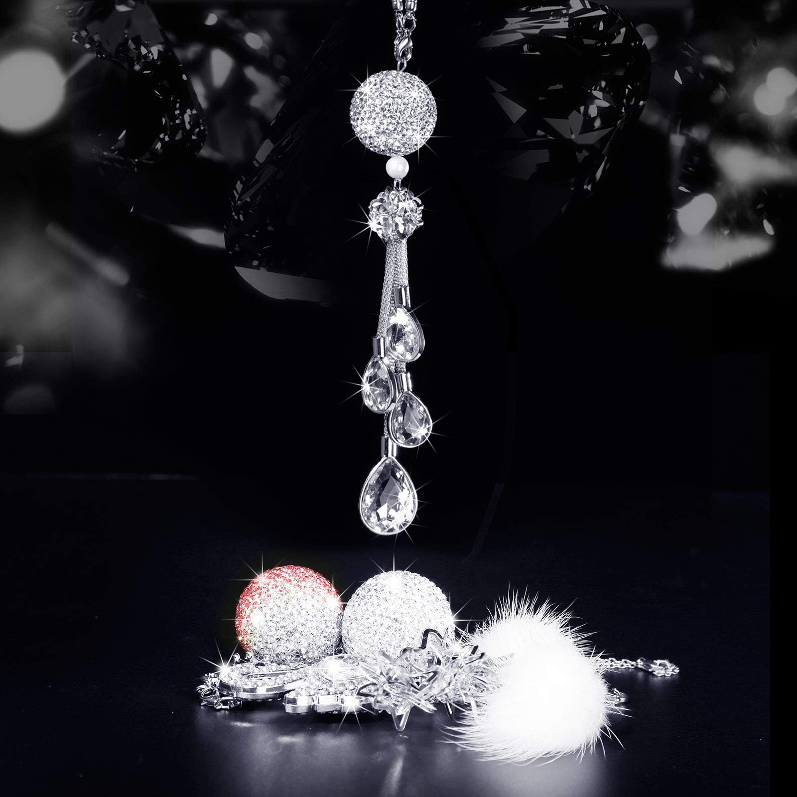 Bling Rear View Mirror Accessories For Women, Lucky Car Interior Rearview Crystal Decor Charm, Rhinestone Ball Ornament Sun Catcher Pendant