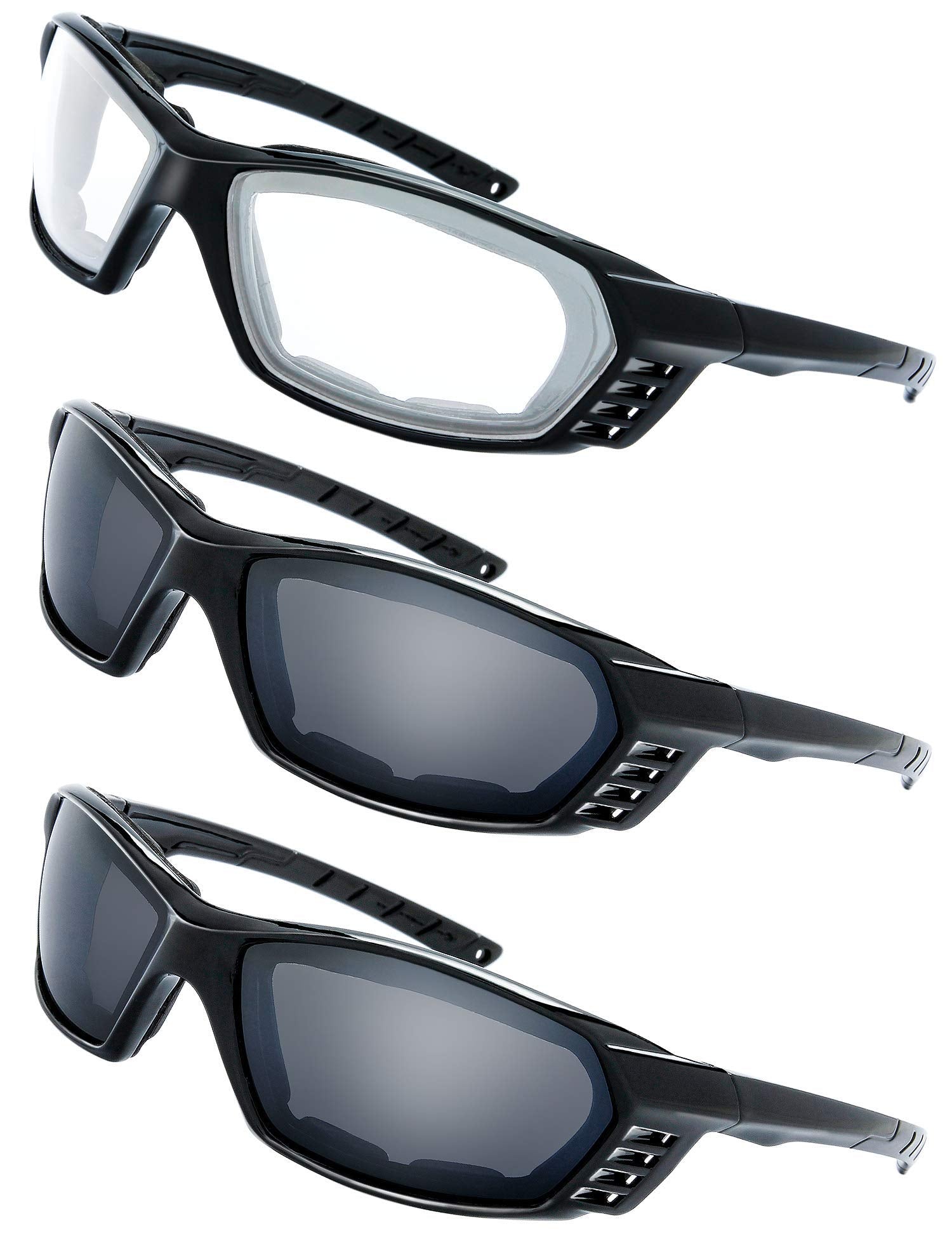 The Fresh Motorcycle Riding Glasses Padded Frame Lens Block 100% UVB for Outdoor Activity Sport (23-Shiny Black, Clear*1, & Grey