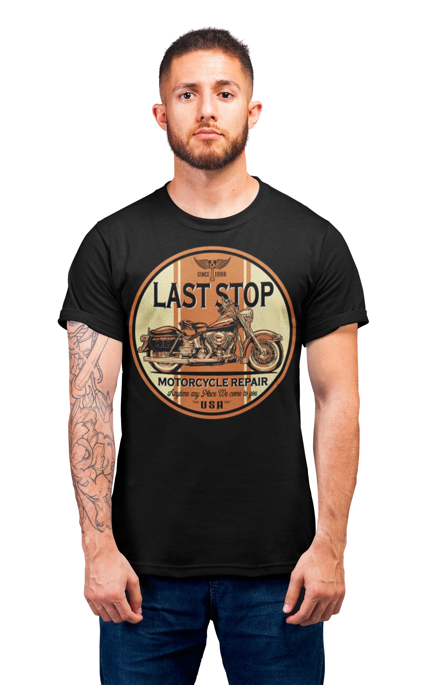 Last Stop Motorcycle T-Shirt Biker Rider Route 66 Harley Vintage Mens Black Tee (Xlarge)