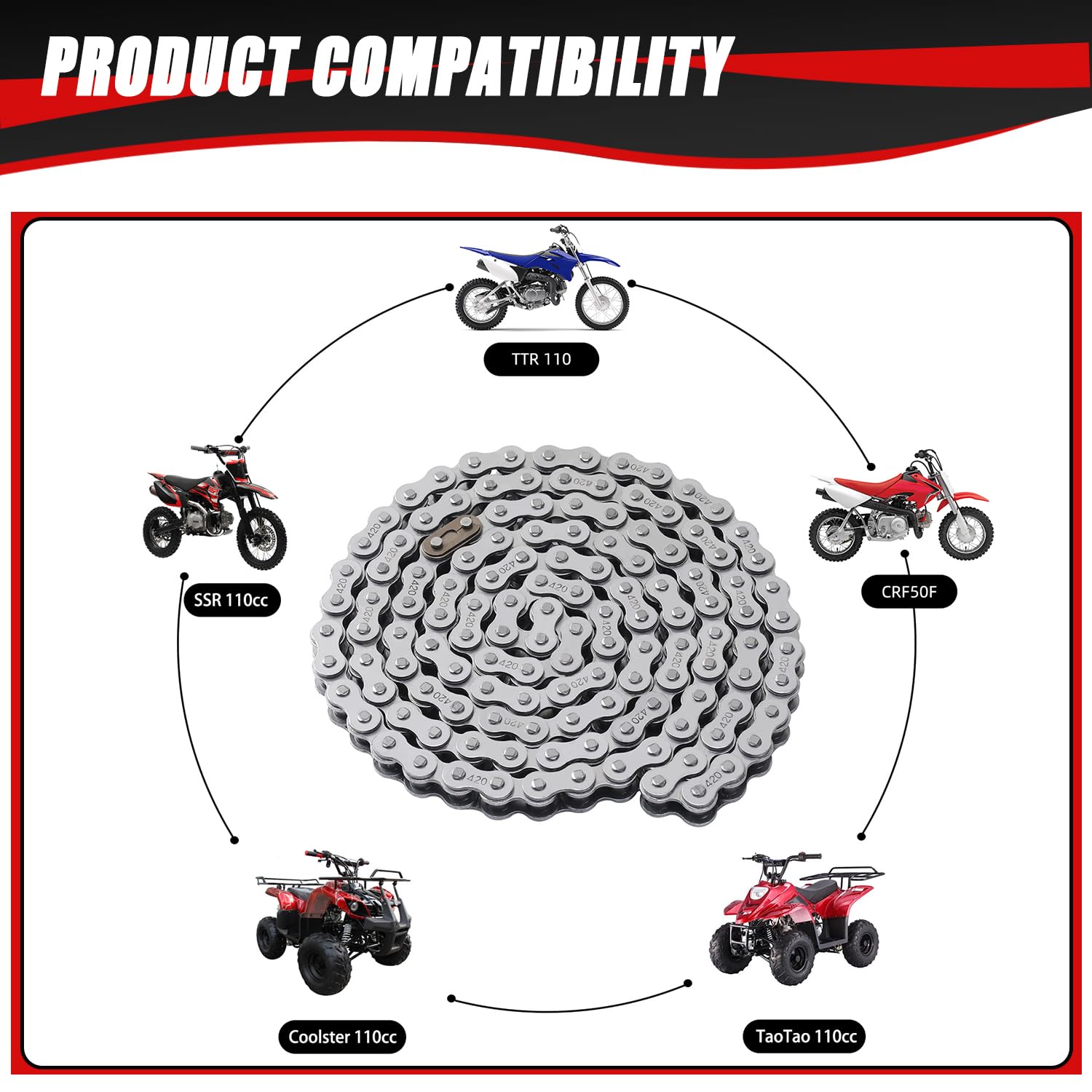 KAMIER 420 Drive Chain 132 Links with Chain Breaker Tool for 70cc 90cc 110cc 125cc TaoTao Coolster Apollo Kazuma SSR Baja Chines