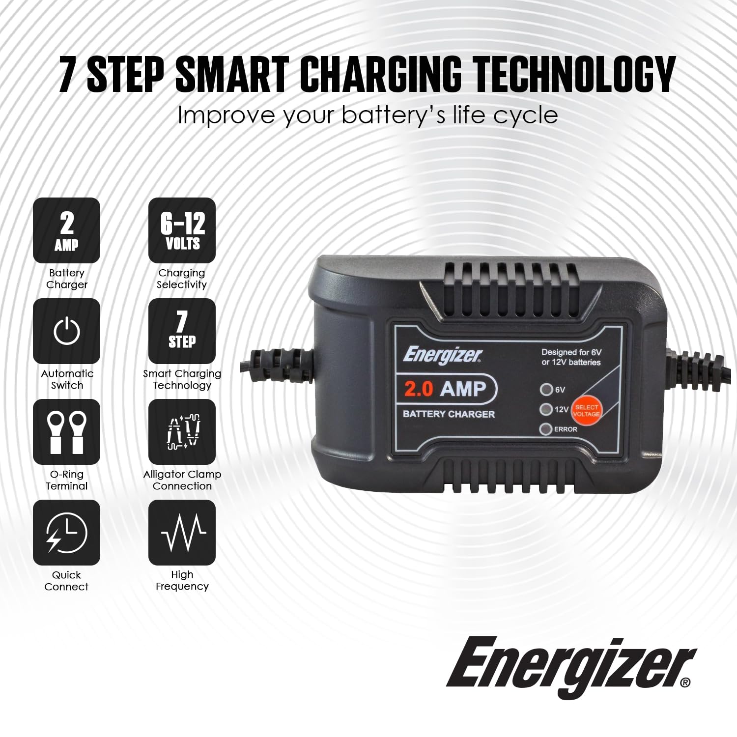 Energizer 2-Amp Battery Charger/Maintainer, 9-Step Smart Battery Car Charger, LCD Display, 6V/12V Voltage Detection for Auto, Mo