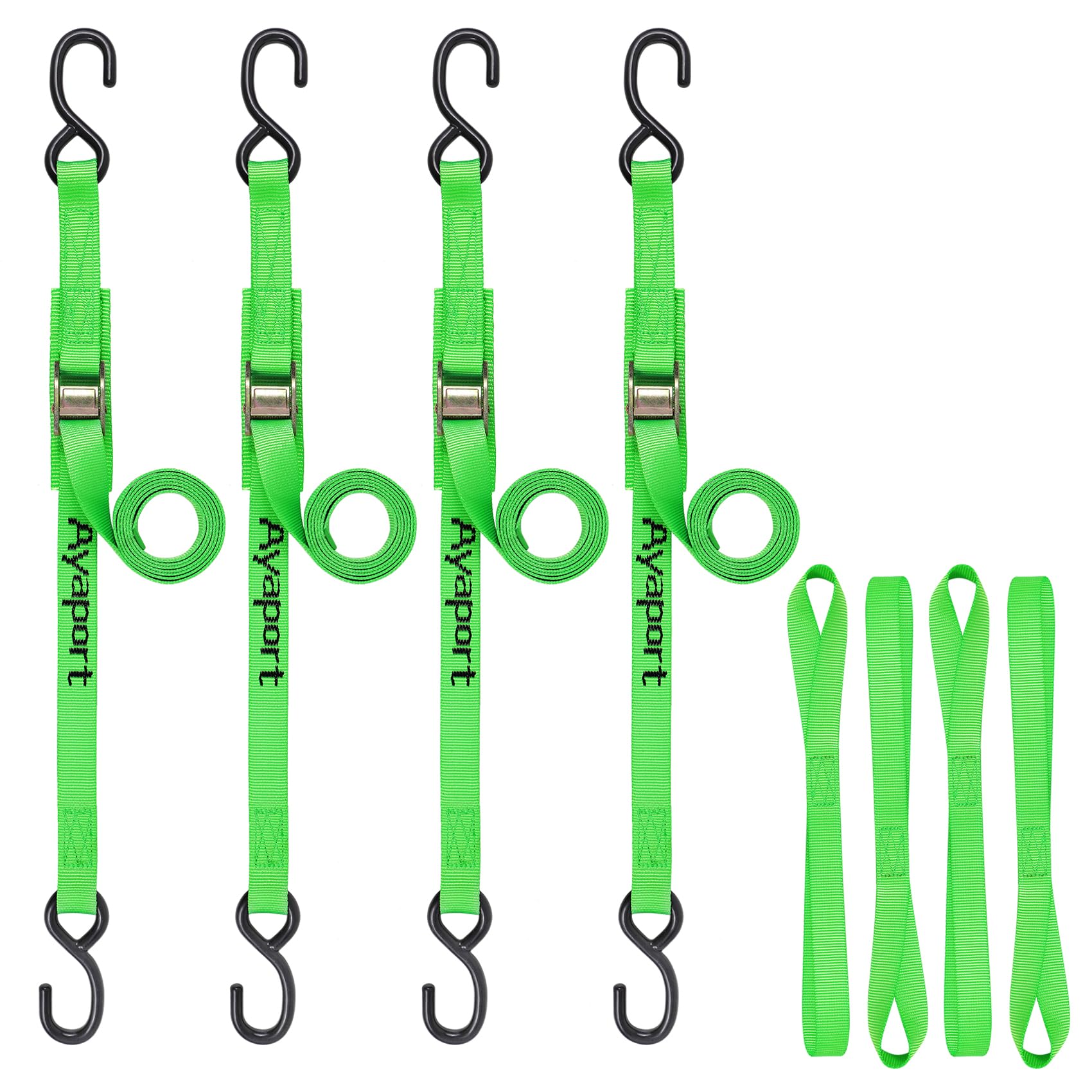 Ayaport Cam Buckle Tie Down Straps 10 Feet 2200Lbs Break Strength Green Securing Straps With S Hooks For Motorcycle, Kayak, Car,