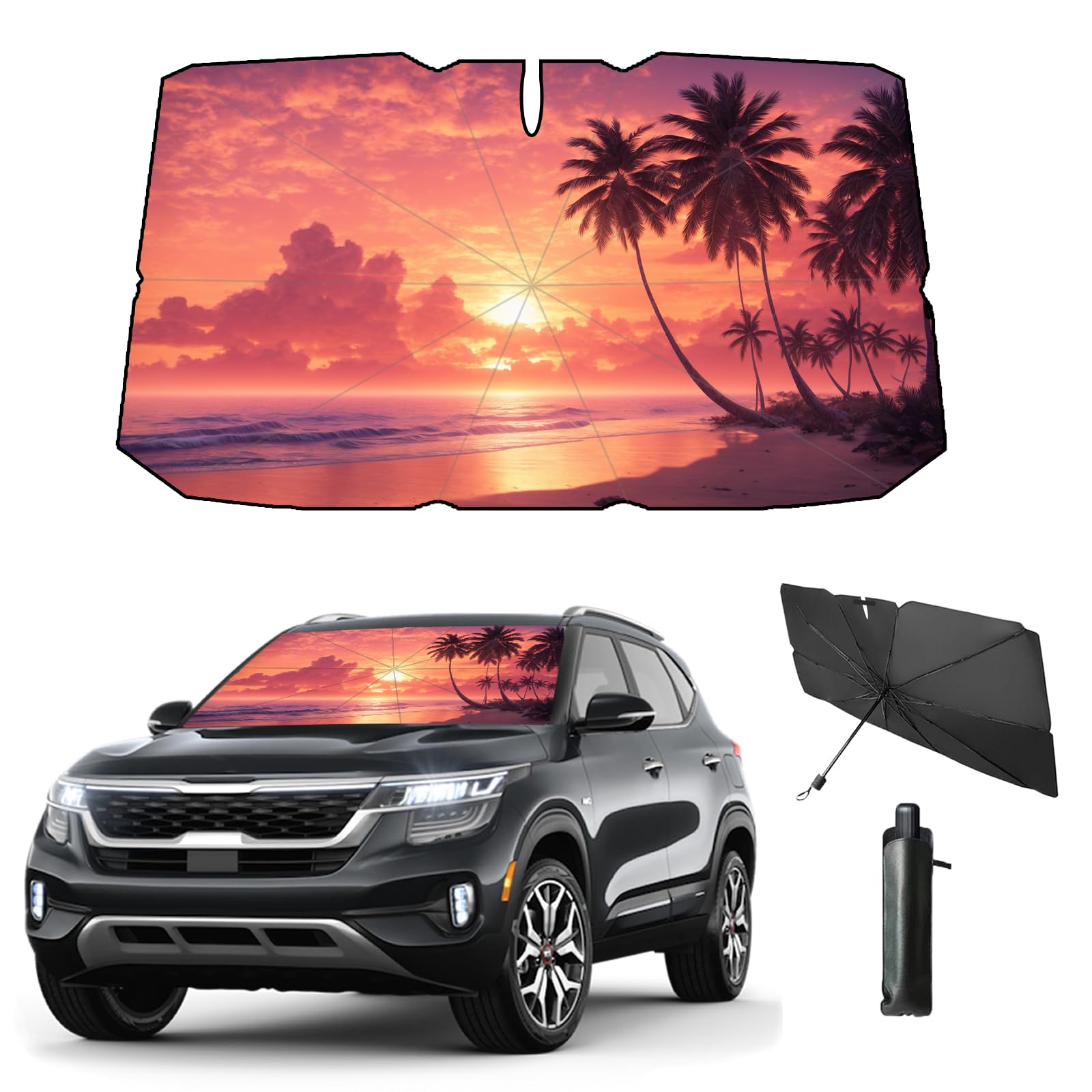 Coricha Windshield Sun Shade Beach Sunset Palm Tree Pink Car Shades for Front Windows 100% Blackout Umbrella Sunshades Car Acces
