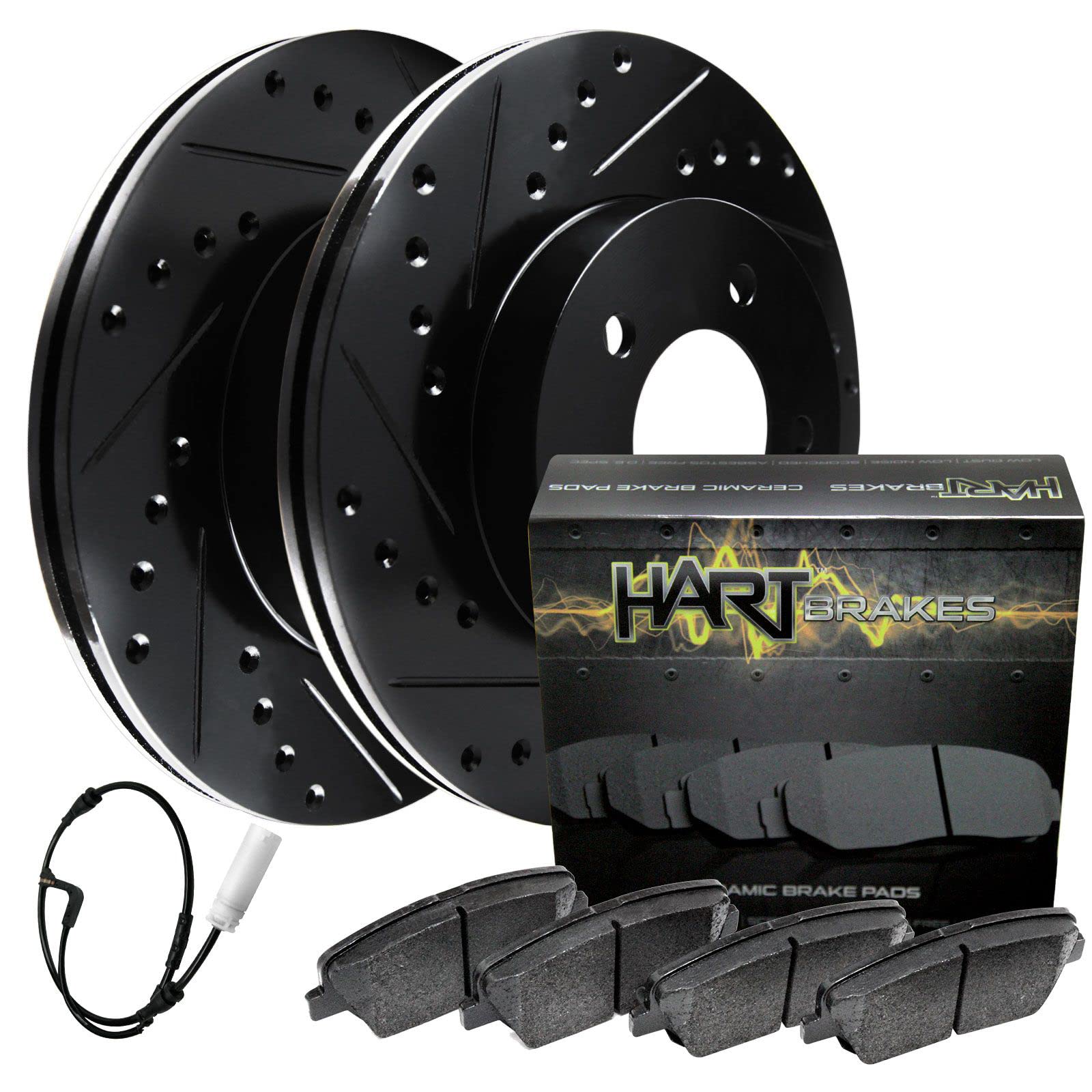 Hart Brakes Front Brake Rotors Black Drilled Slotted Ceramic Pads Compatible For 2011-2013 Bmw 335D, 335I, 335Is